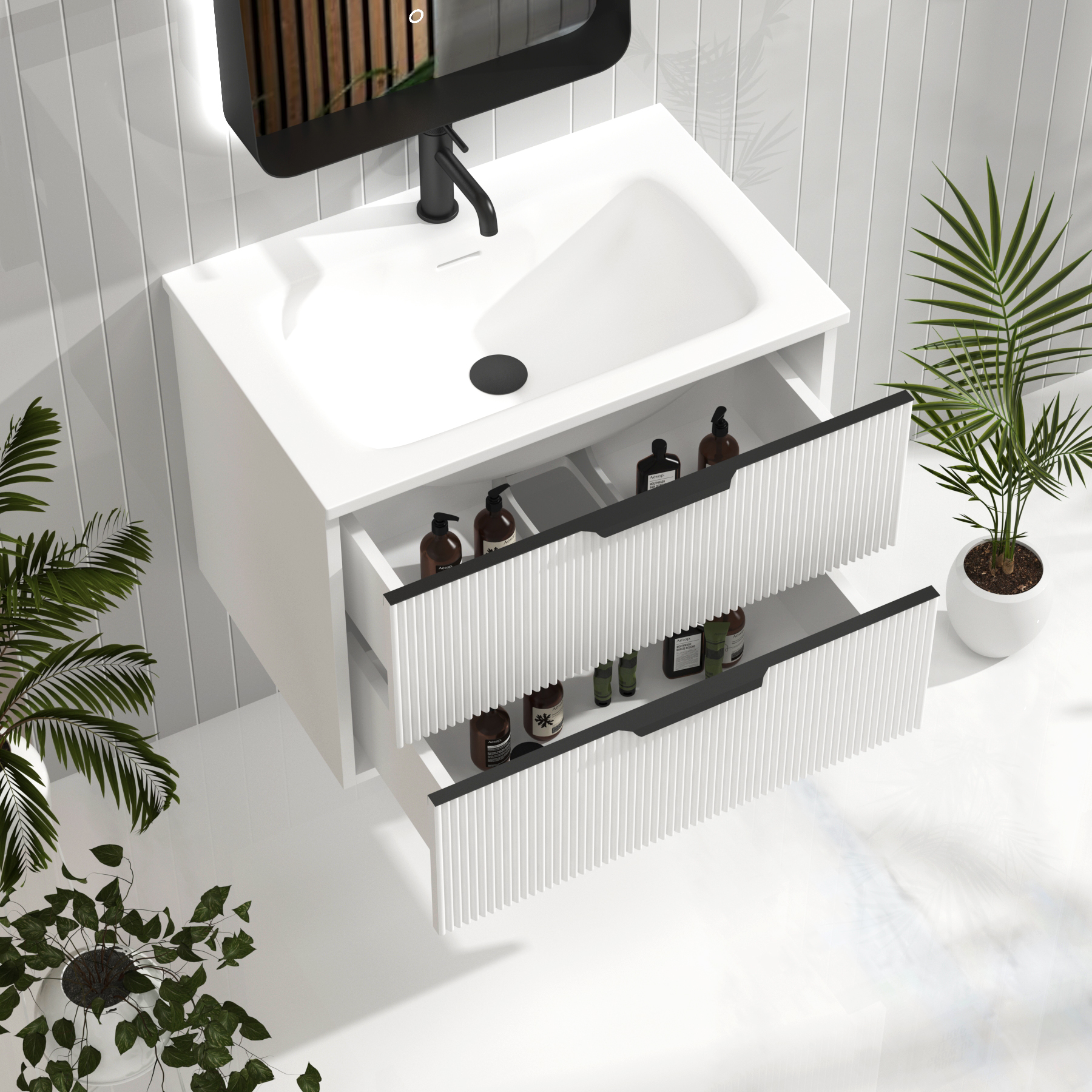 Evora 700mm Matt White Fluted Wall Hung Vanity Unit 2 Drawer with Matt Stone Basin & Matt Black Handles