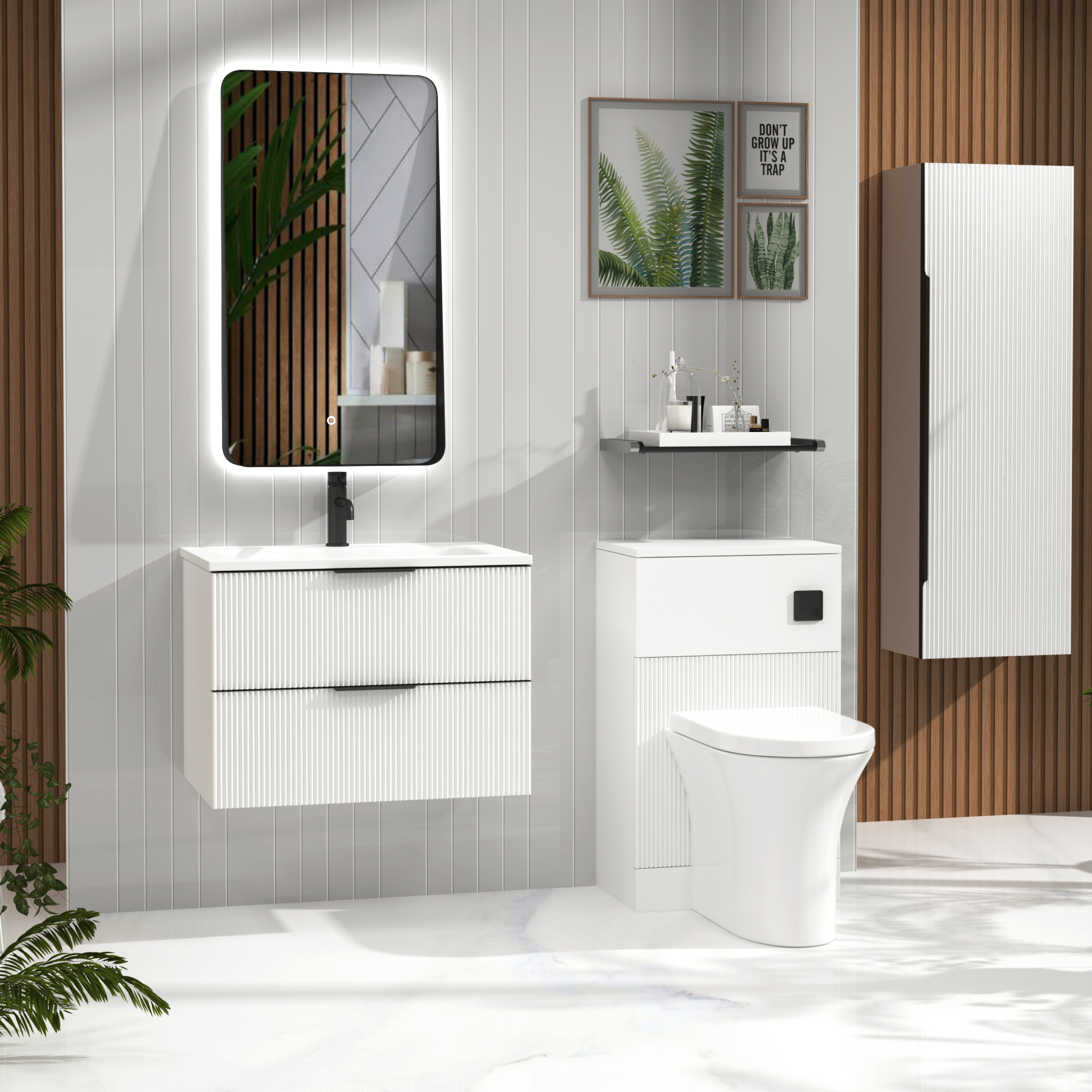 Evora 700mm Matt White Fluted Wall Hung Vanity Unit 2 Drawer with Matt Stone Basin & Matt Black Handles