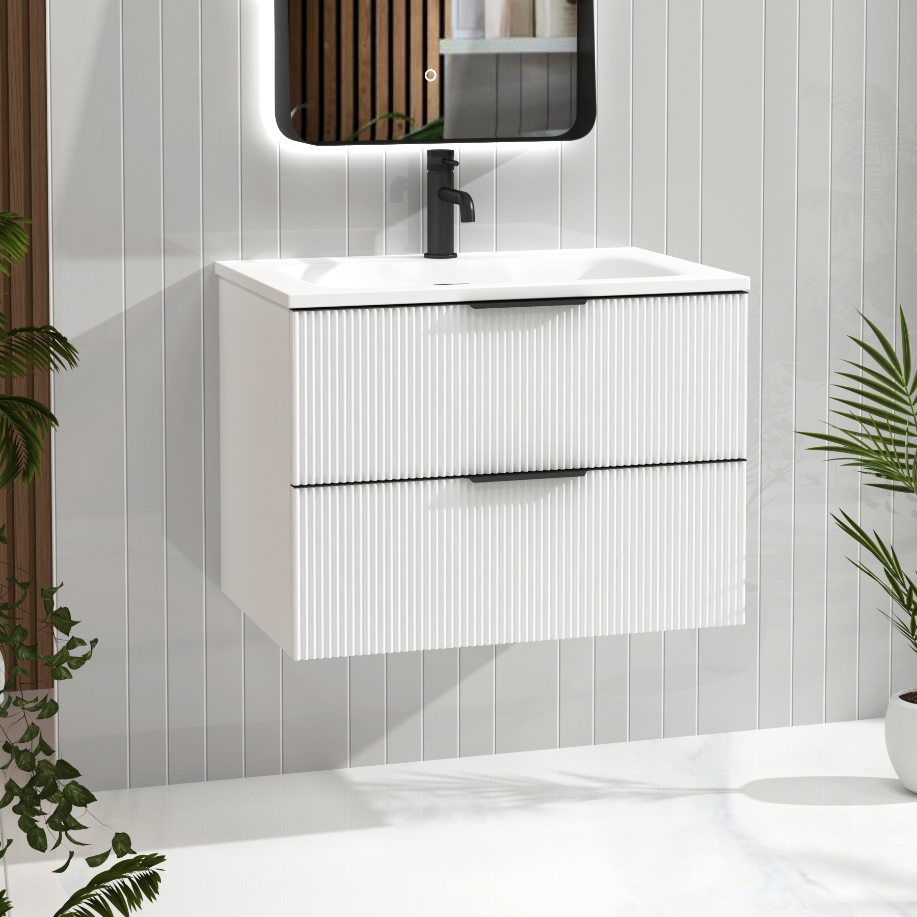 Evora 700mm Matt White Fluted Wall Hung Vanity Unit 2 Drawer with Matt Stone Basin & Matt Black Handles