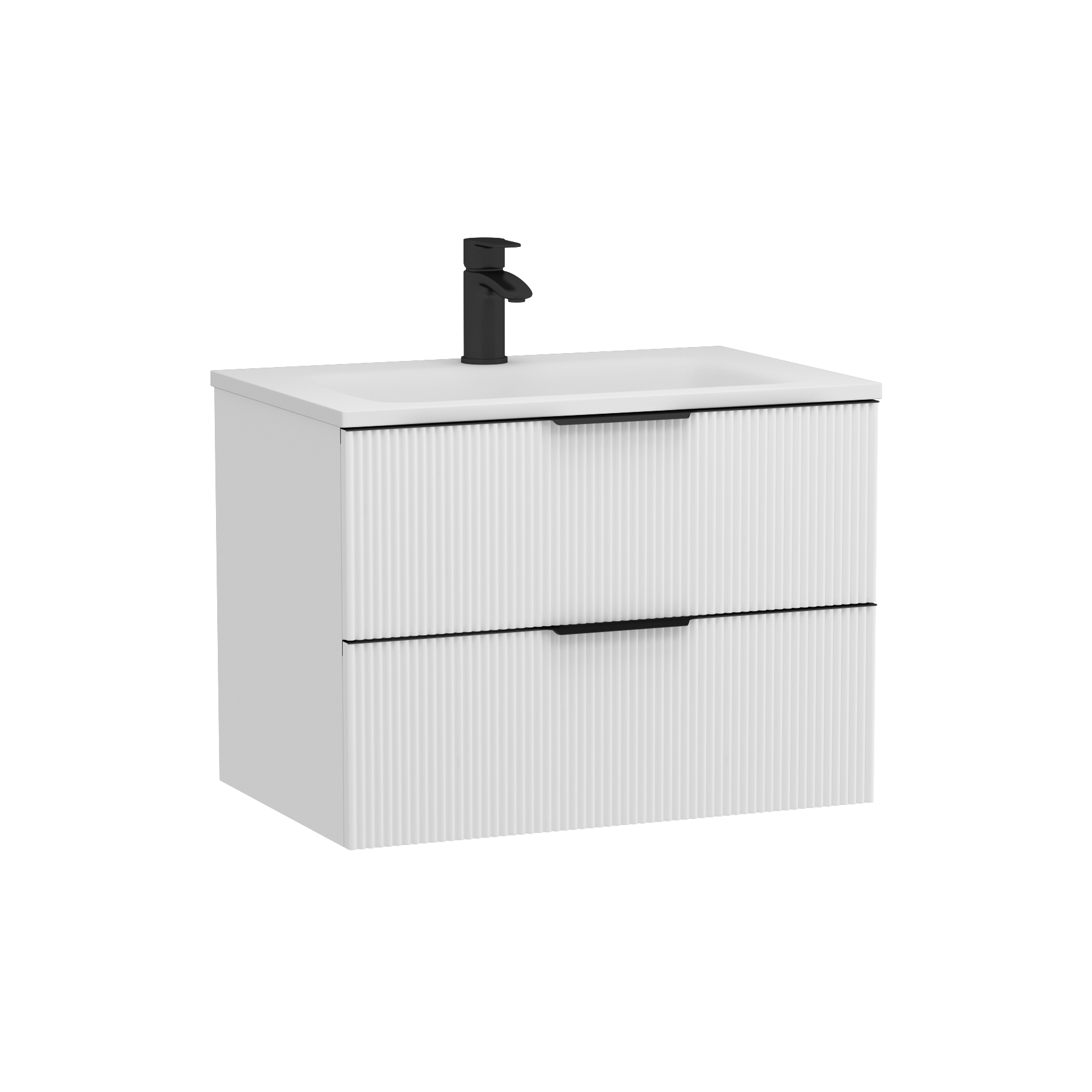 Evora 700mm Matt White Fluted Wall Hung Vanity Unit 2 Drawer with Matt Stone Basin & Matt Black Handles