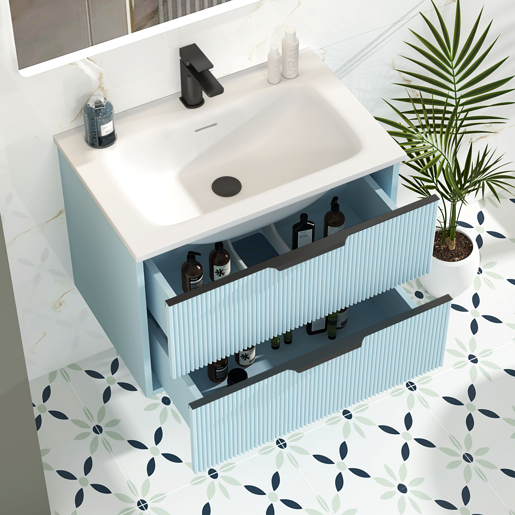 Evora 700mm Powder Blue Fluted Wall Hung Vanity Unit 2 Drawer with Matt Stone Basin & Matt Black Handles
