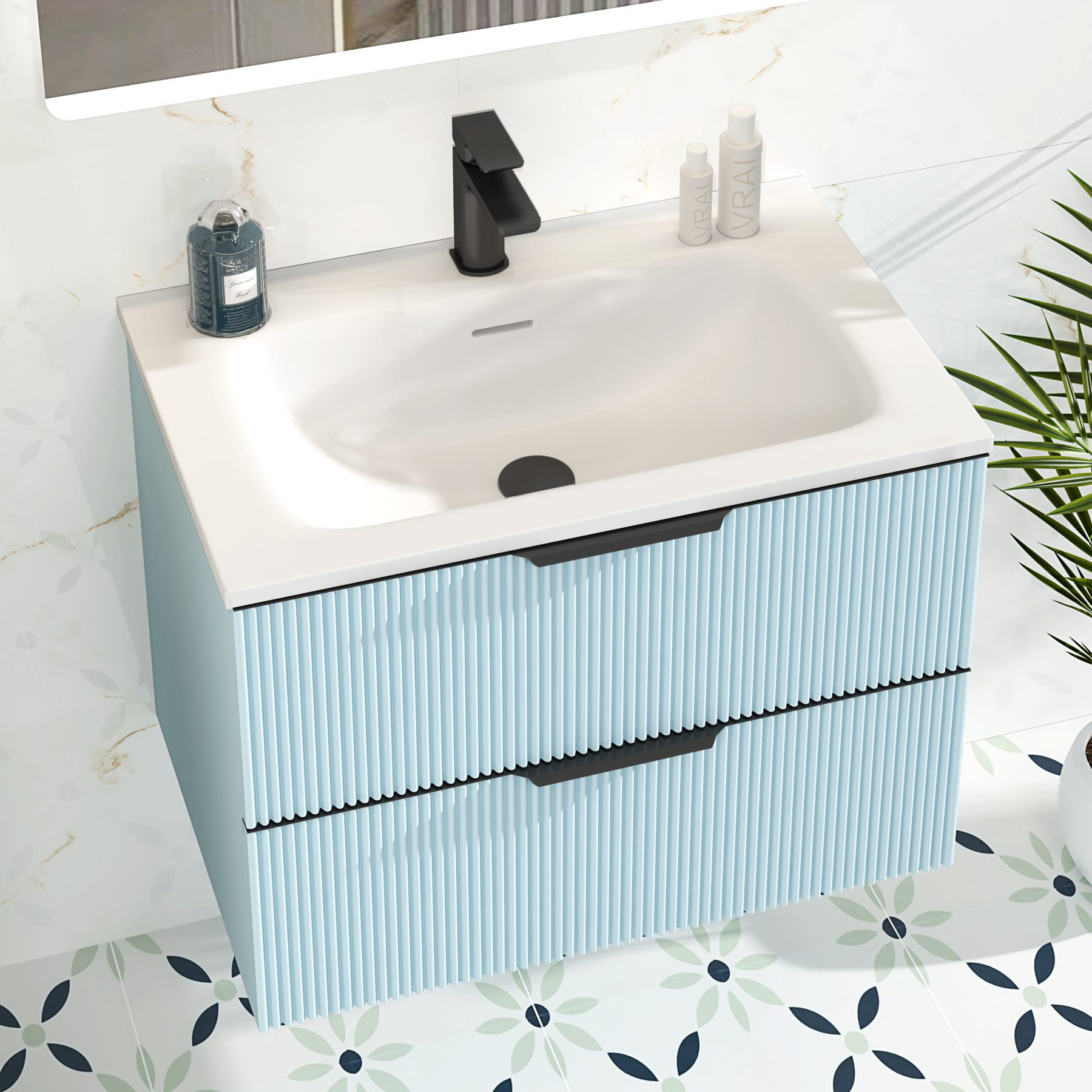 Evora 700mm Powder Blue Fluted Wall Hung Vanity Unit 2 Drawer with Matt Stone Basin & Matt Black Handles