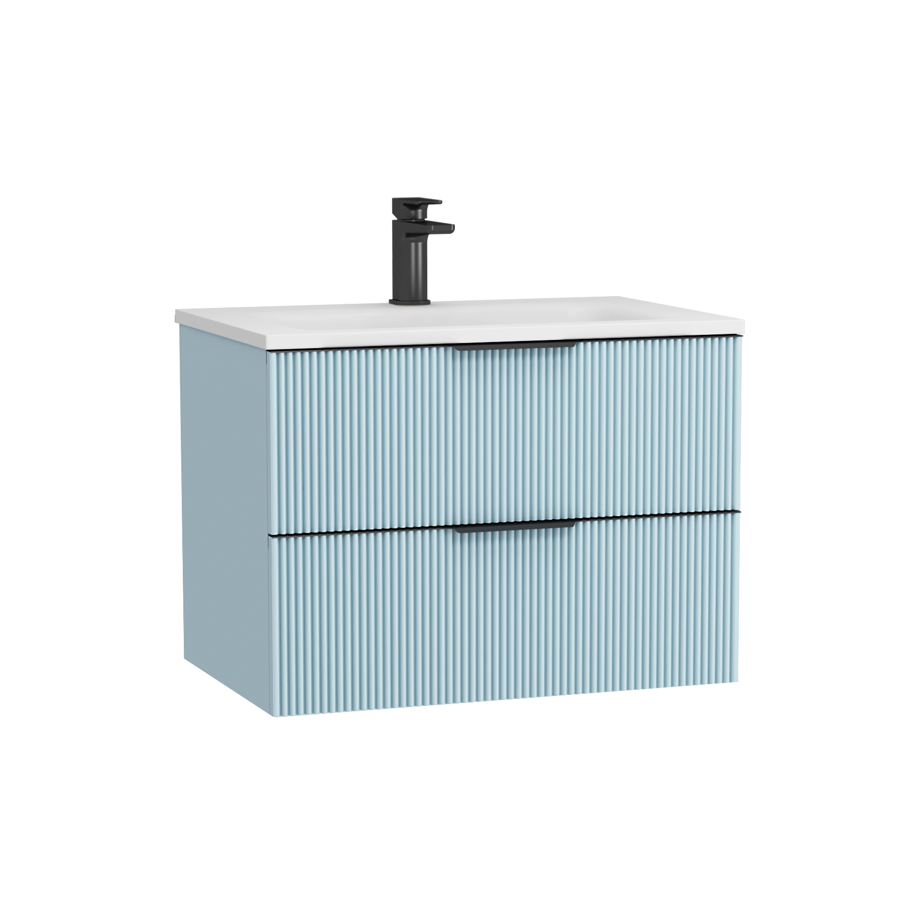 Evora 700mm Powder Blue Fluted Wall Hung Vanity Unit 2 Drawer with Matt Stone Basin & Matt Black Handles