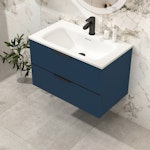 Evora 800mm Satin Blue Fluted Wall Hung Vanity Unit 2 Drawer with Undrilled Stone Basin & Matt Black Handles