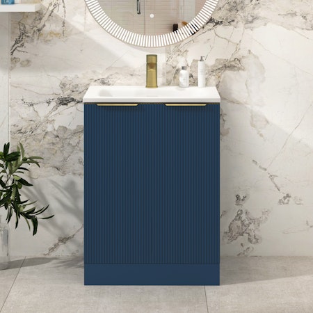 Evora 600mm Satin Blue Fluted Floor Standing Vanity Unit 2 Door with Undrilled Stone Basin & Brushed Brass Handles