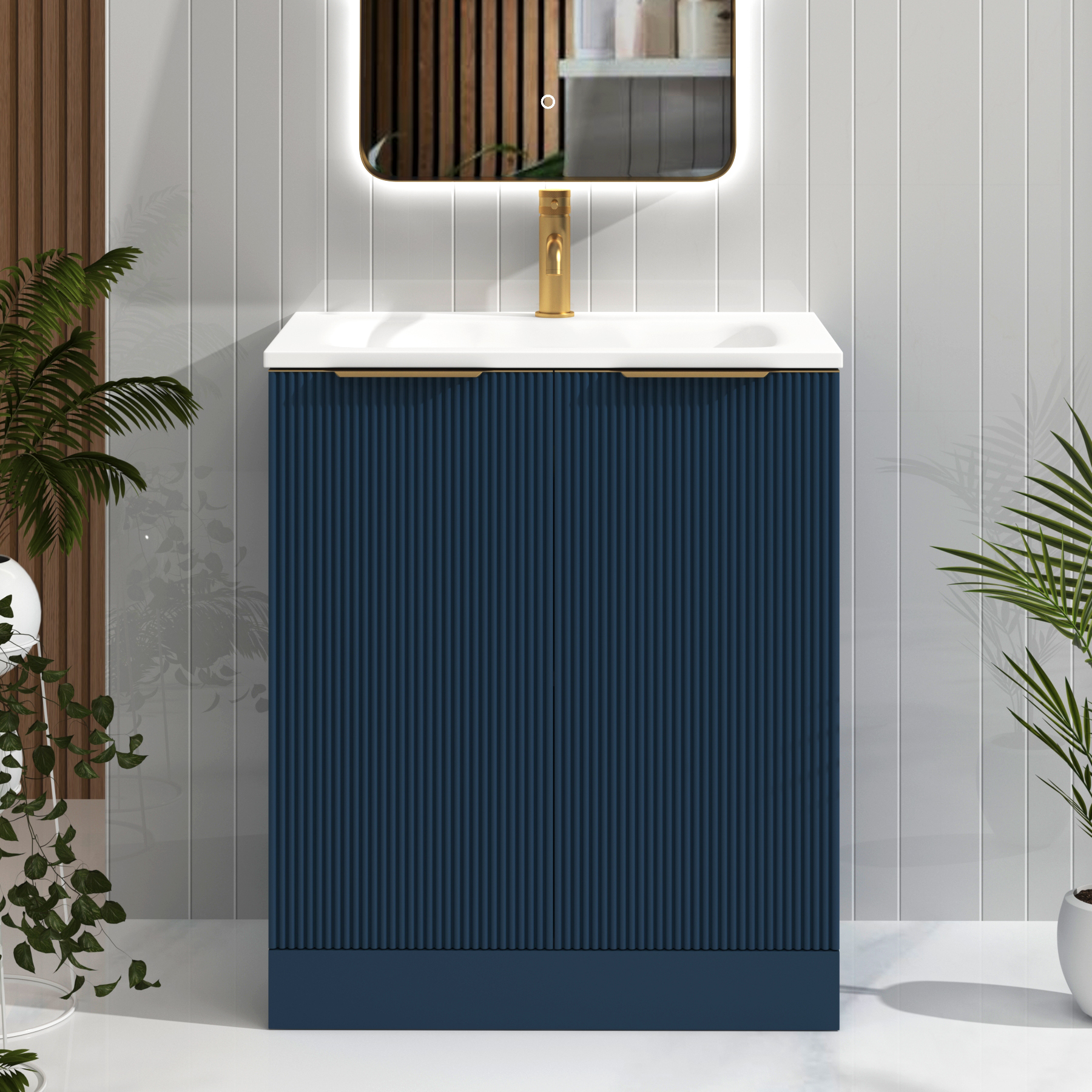 Evora 700mm Midnight Blue Fluted Floor Standing Vanity Unit 2 Door with Matt Stone Basin & Brushed Brass Handles