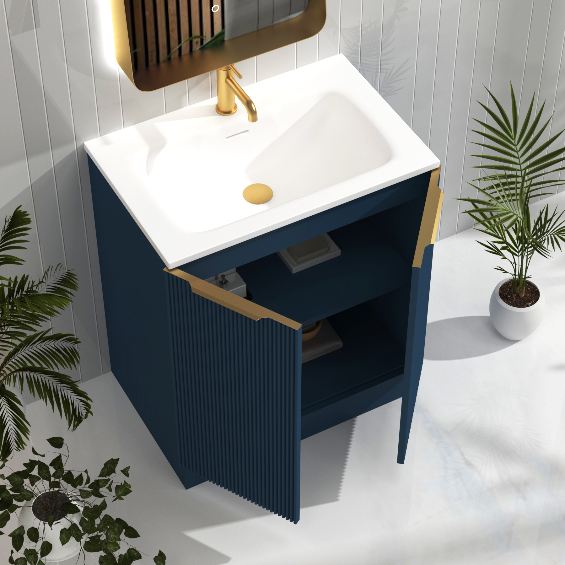 Evora 700mm Midnight Blue Fluted Floor Standing Vanity Unit 2 Door with Matt Stone Basin & Brushed Brass Handles
