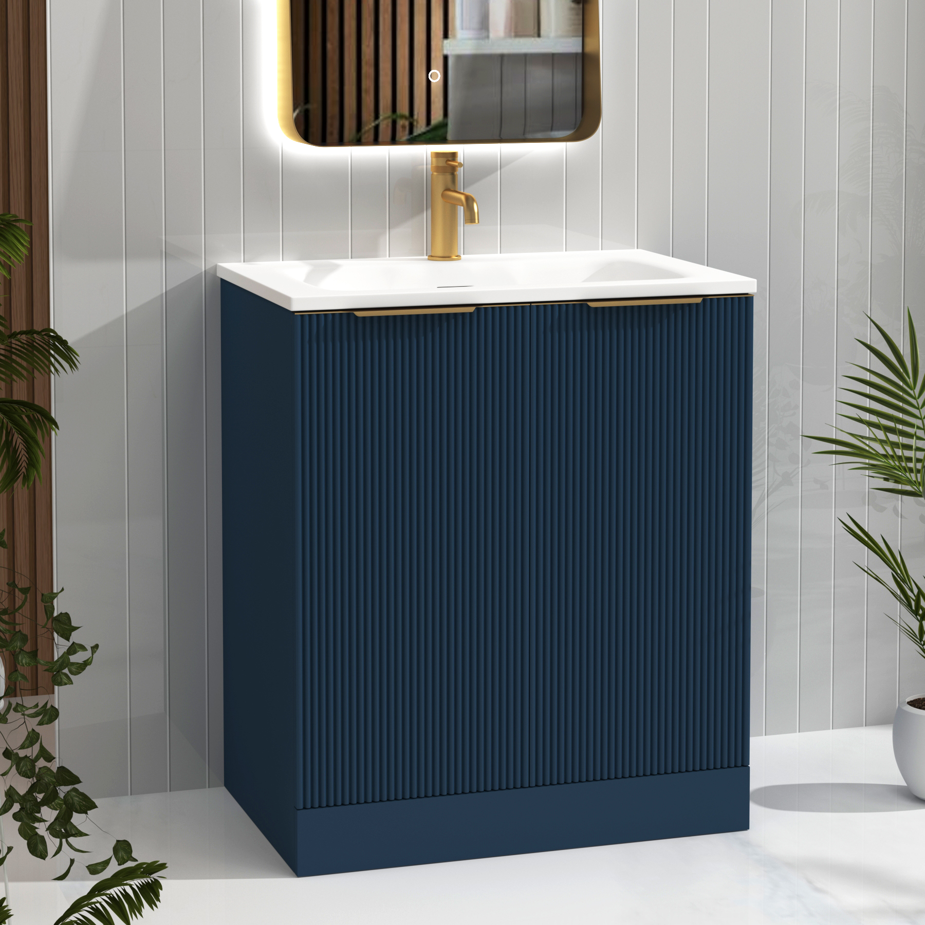 Evora 700mm Midnight Blue Fluted Floor Standing Vanity Unit 2 Door with Matt Stone Basin & Brushed Brass Handles