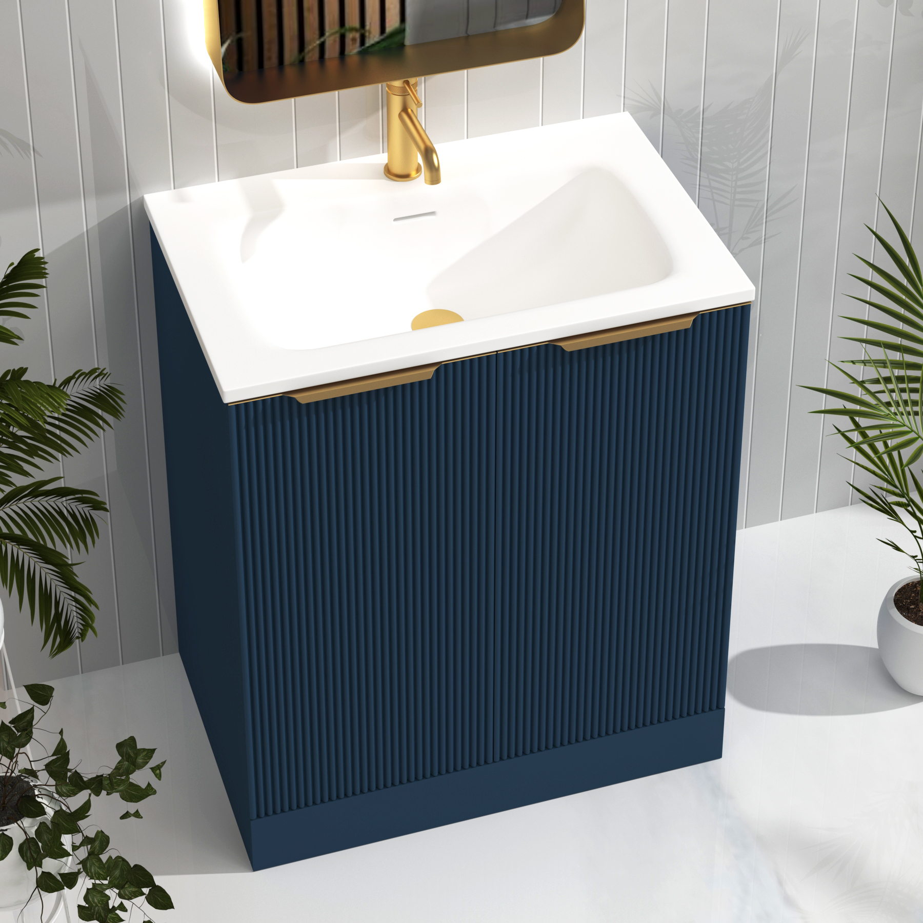 Evora 700mm Midnight Blue Fluted Floor Standing Vanity Unit 2 Door with Matt Stone Basin & Brushed Brass Handles