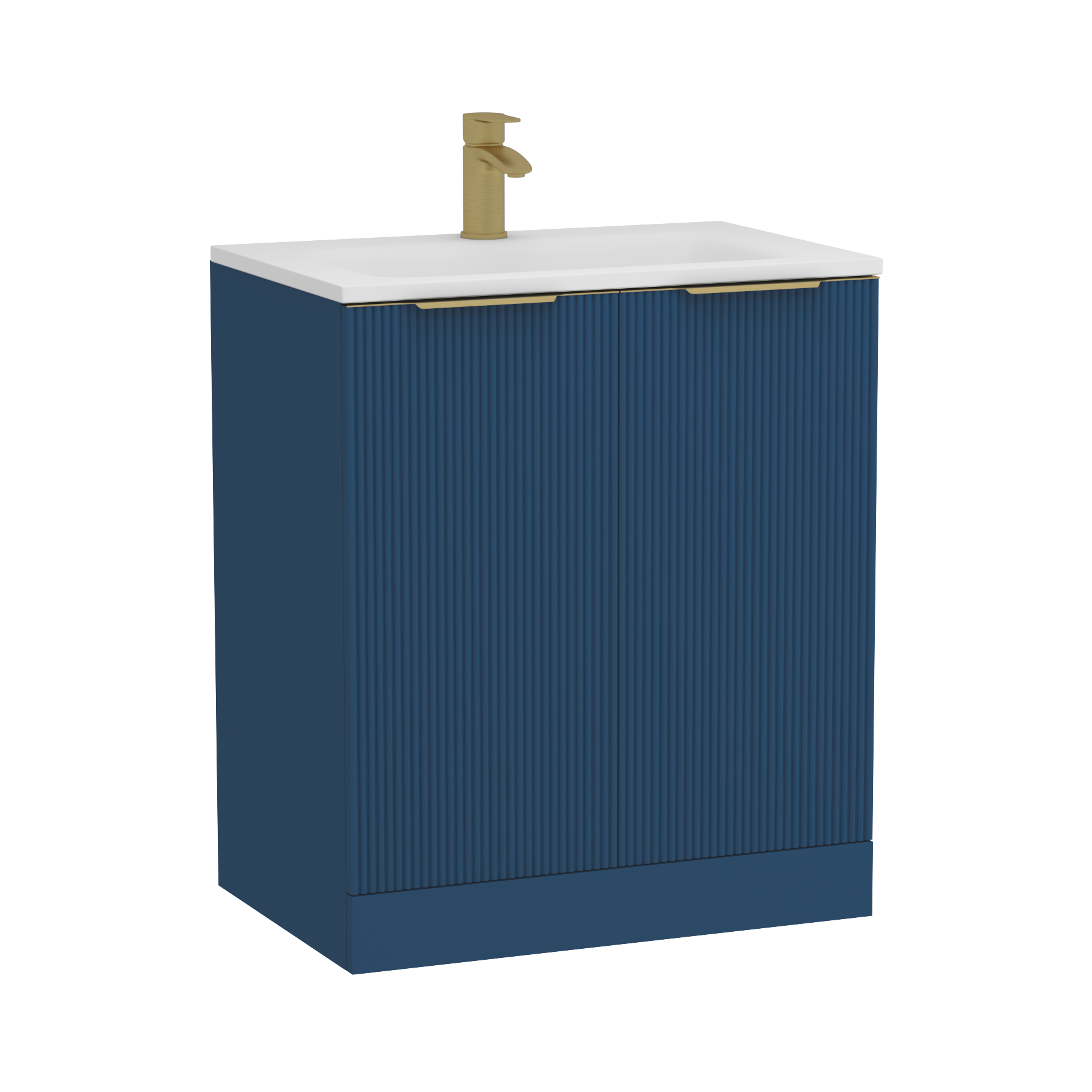Evora 700mm Midnight Blue Fluted Floor Standing Vanity Unit 2 Door with Matt Stone Basin & Brushed Brass Handles