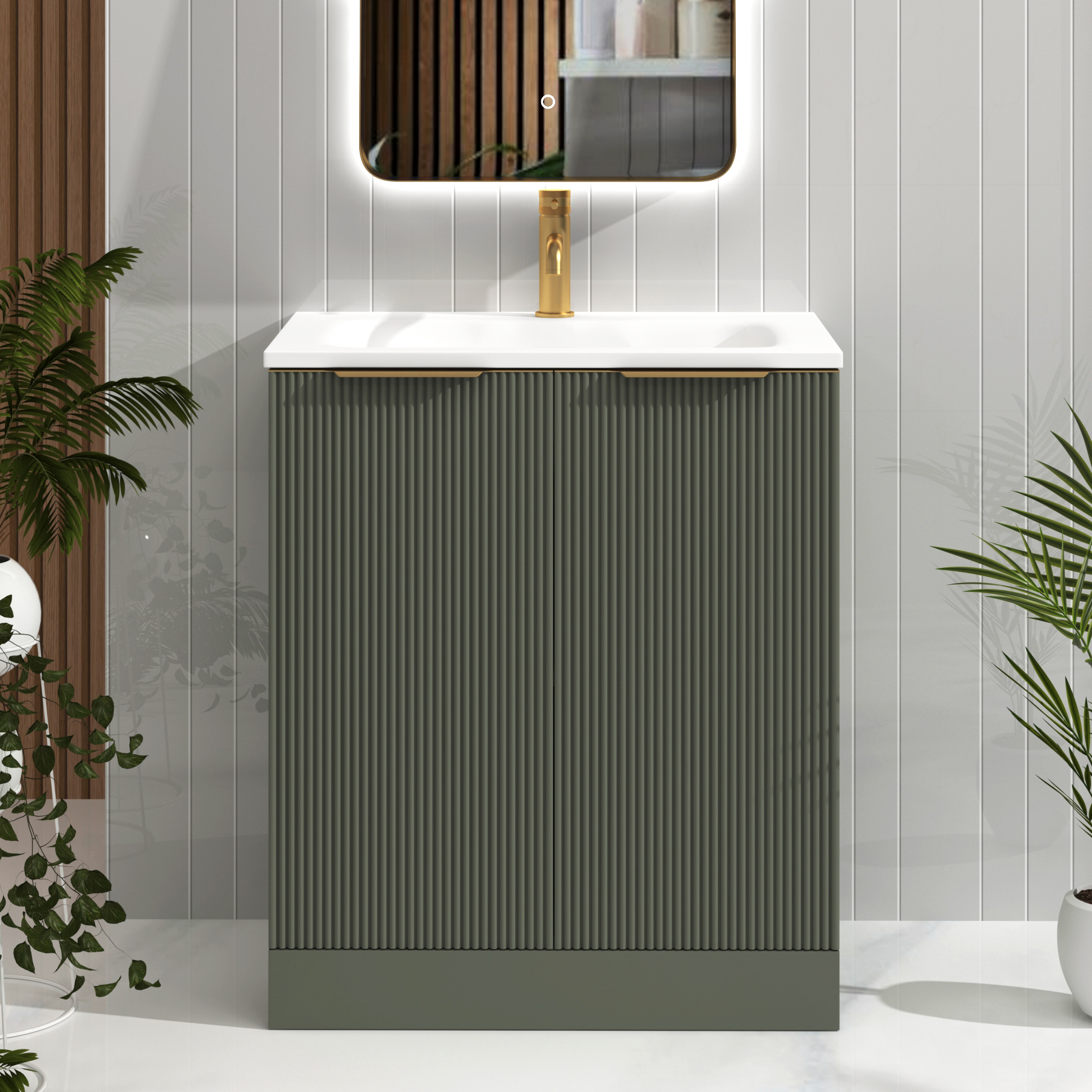 Evora 700mm Sage Green Fluted Floor Standing Vanity Unit 2 Door with Matt Stone Basin & Brushed Brass Handles