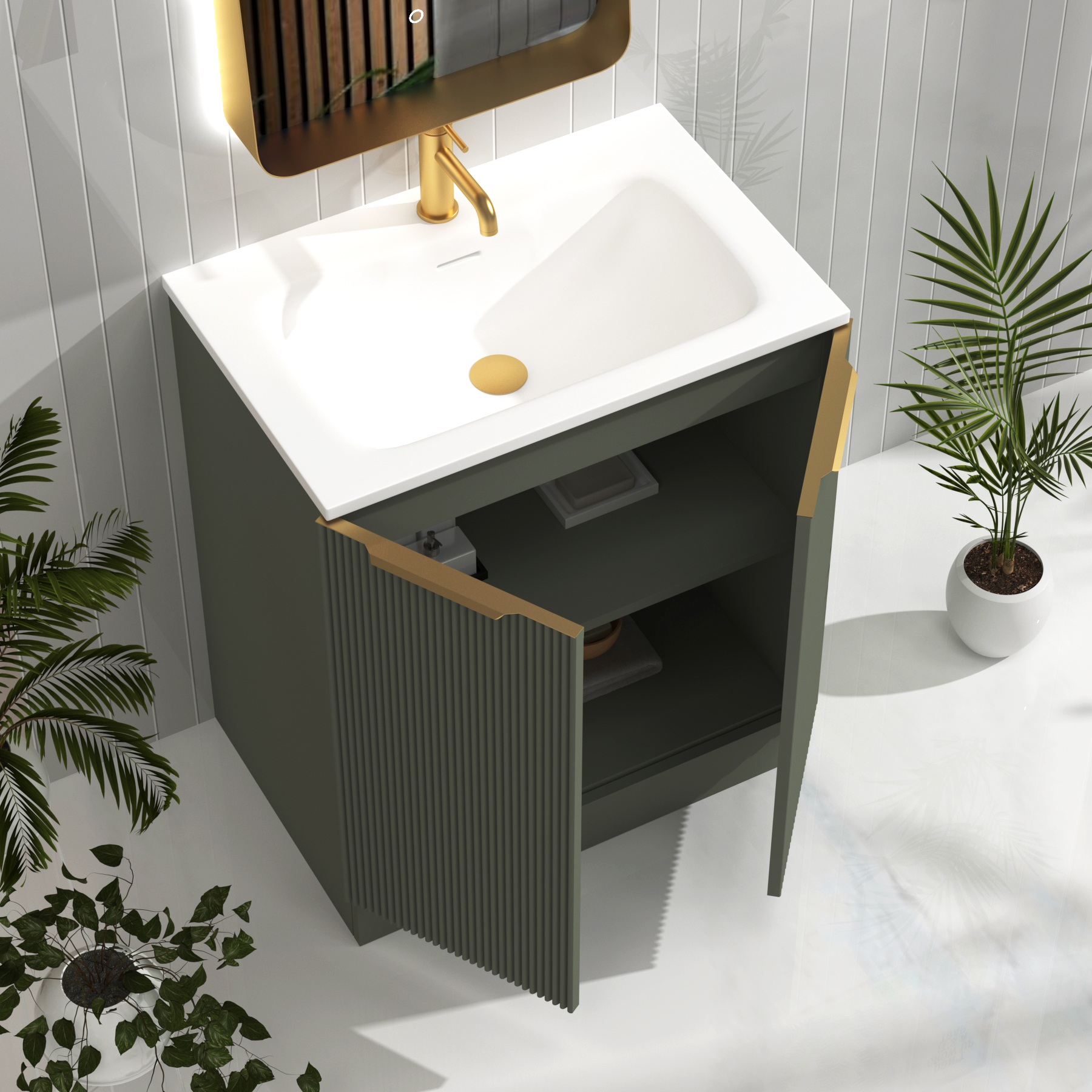 Evora 700mm Sage Green Fluted Floor Standing Vanity Unit 2 Door with Matt Stone Basin & Brushed Brass Handles