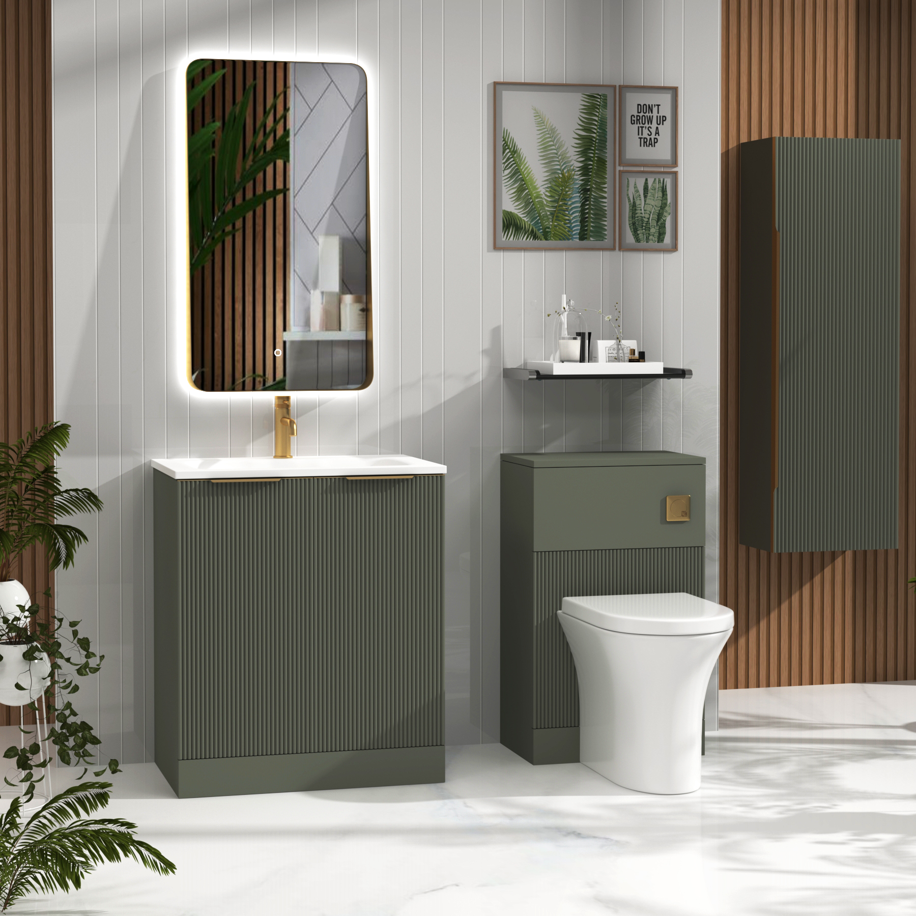 Evora 700mm Sage Green Fluted Floor Standing Vanity Unit 2 Door with Matt Stone Basin & Brushed Brass Handles