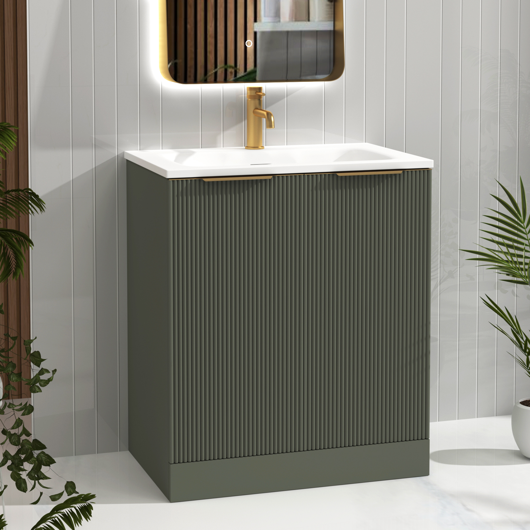 Evora 700mm Sage Green Fluted Floor Standing Vanity Unit 2 Door with Matt Stone Basin & Brushed Brass Handles