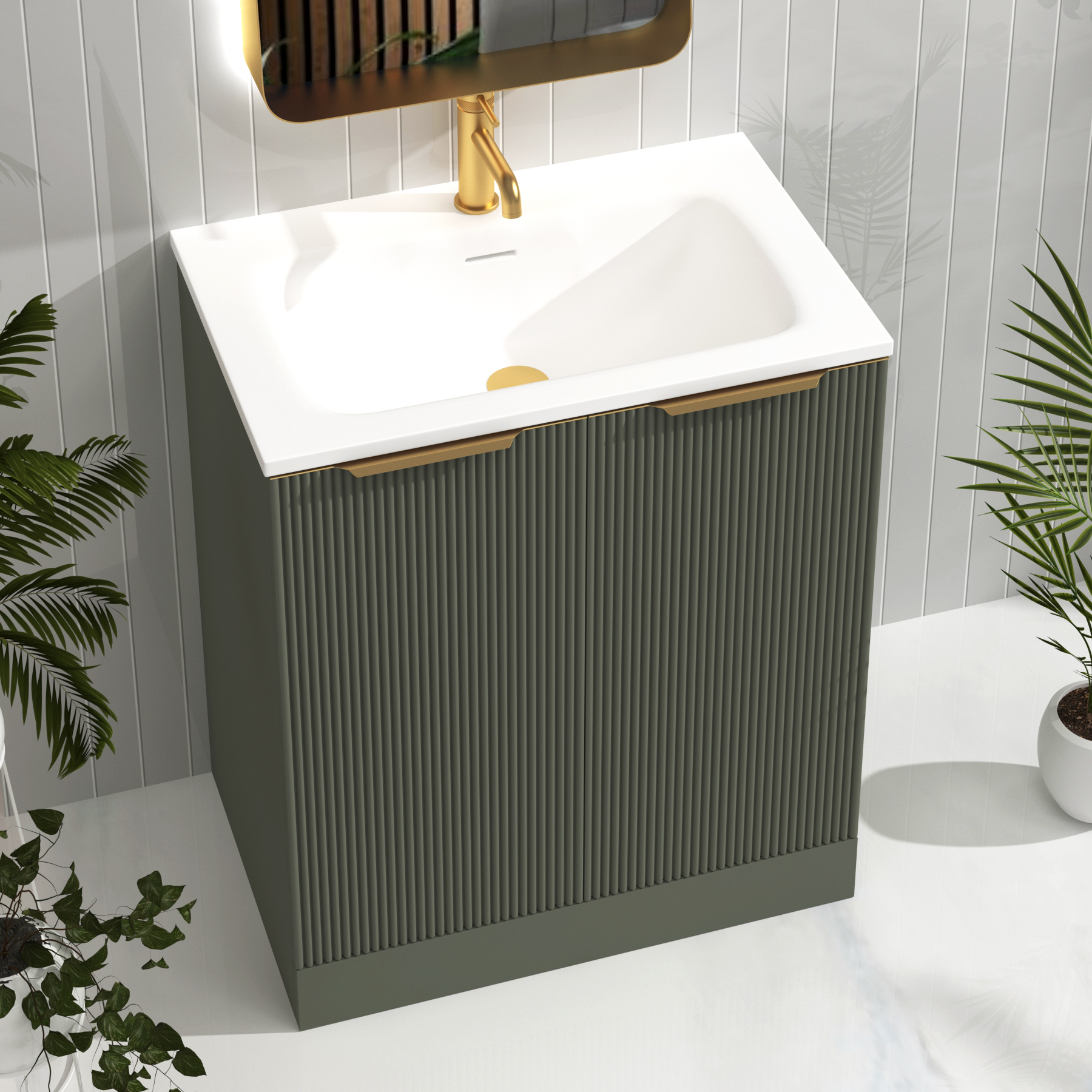 Evora 700mm Sage Green Fluted Floor Standing Vanity Unit 2 Door with Matt Stone Basin & Brushed Brass Handles