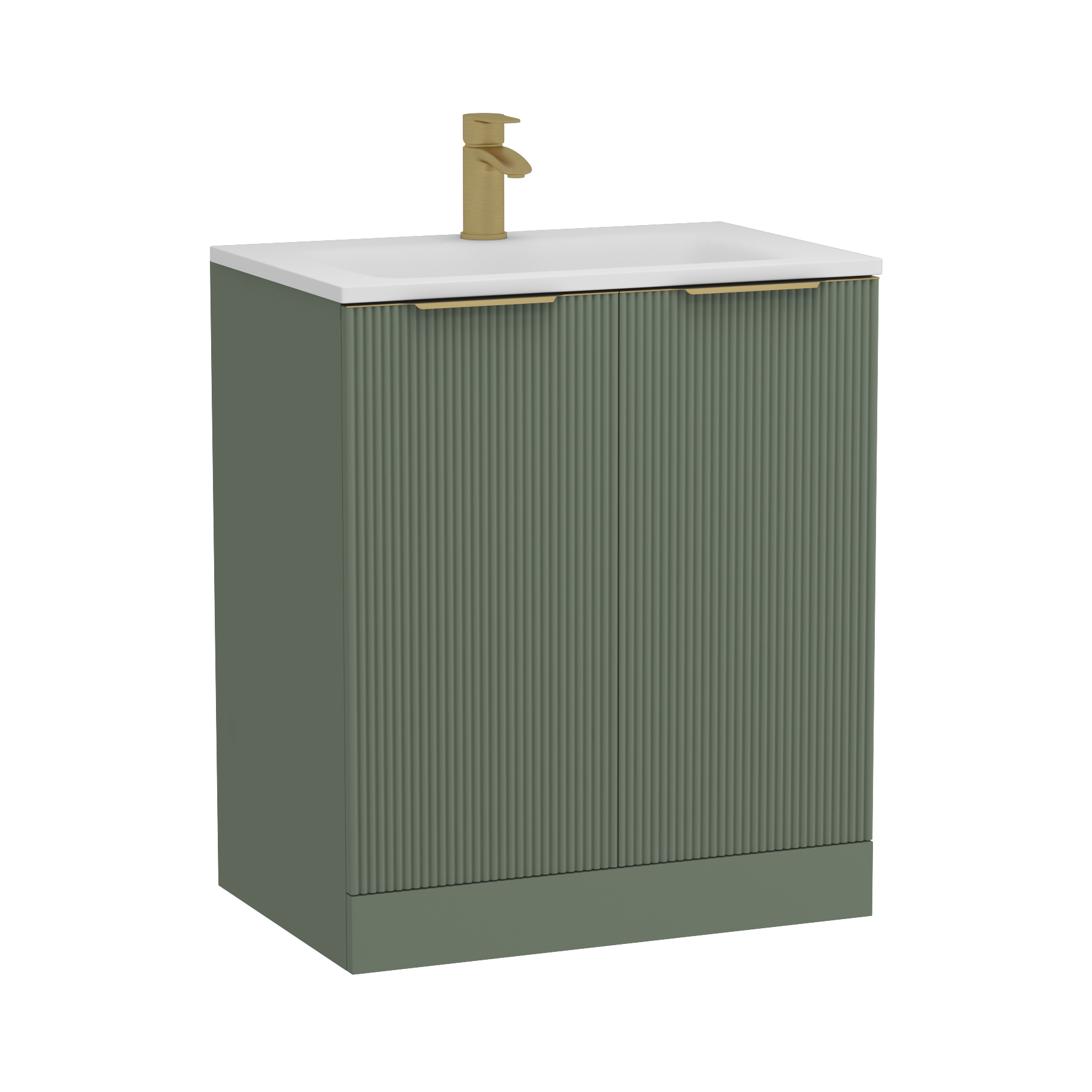 Evora 700mm Sage Green Fluted Floor Standing Vanity Unit 2 Door with Matt Stone Basin & Brushed Brass Handles
