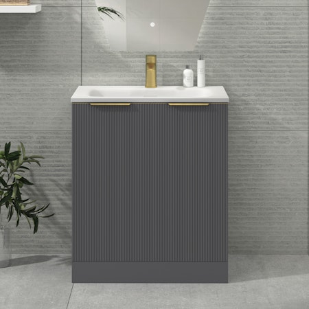 Evora 700mm Satin Grey Fluted Floor Standing Vanity Unit 2 Door with Undrilled Stone Basin & Brushed Brass Handles
