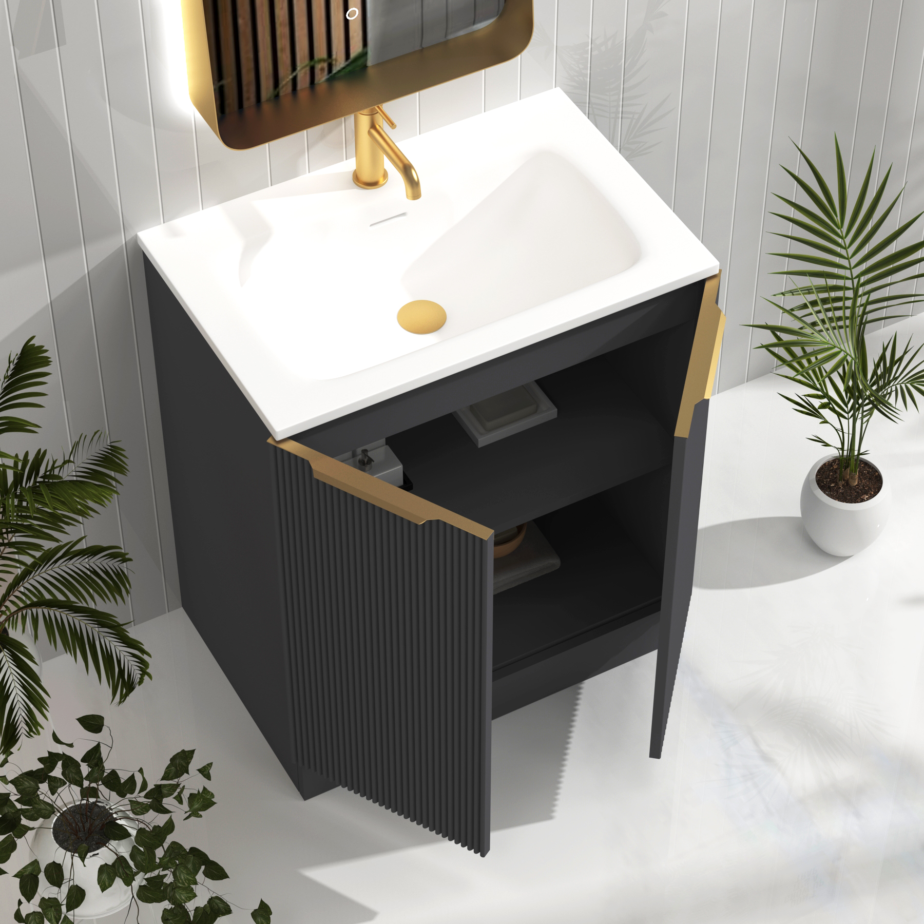 Evora 700mm Graphite Grey Fluted Floor Standing Vanity Unit 2 Door with Matt Stone Basin & Brushed Brass Handles