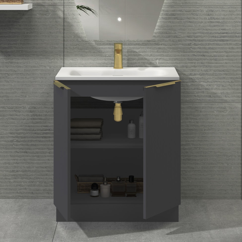Evora 700mm Satin Grey Fluted Floor Standing Vanity Unit 2 Door with Stone Basin & Brushed Brass Handles