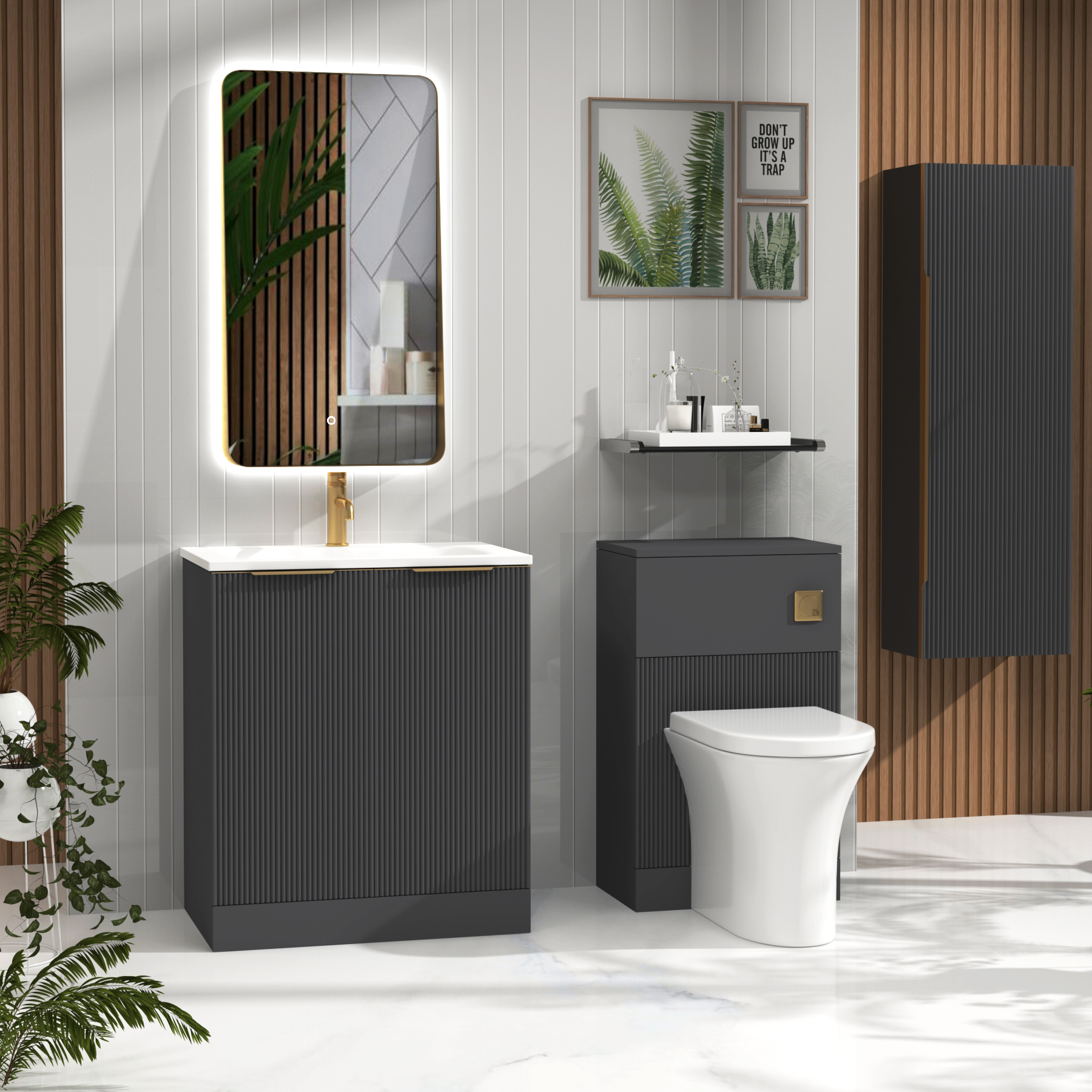 Evora 700mm Graphite Grey Fluted Floor Standing Vanity Unit 2 Door with Matt Stone Basin & Brushed Brass Handles