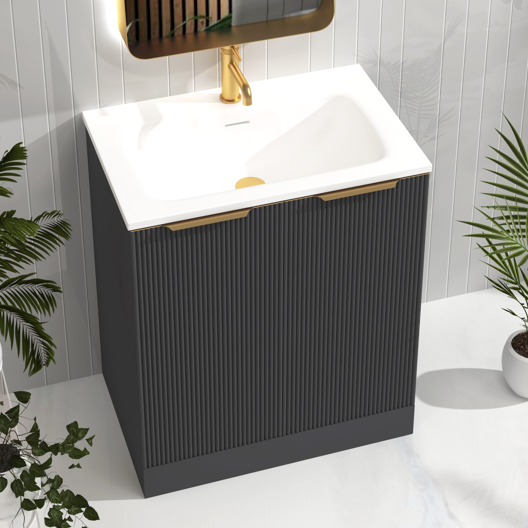 Evora 700mm Graphite Grey Fluted Floor Standing Vanity Unit 2 Door with Matt Stone Basin & Brushed Brass Handles