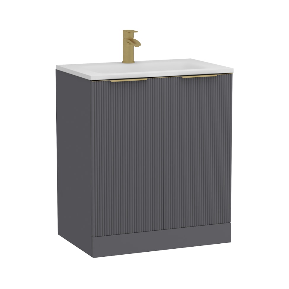 Evora 700mm Satin Grey Fluted Floor Standing Vanity Unit 2 Door with Stone Basin & Brushed Brass Handles