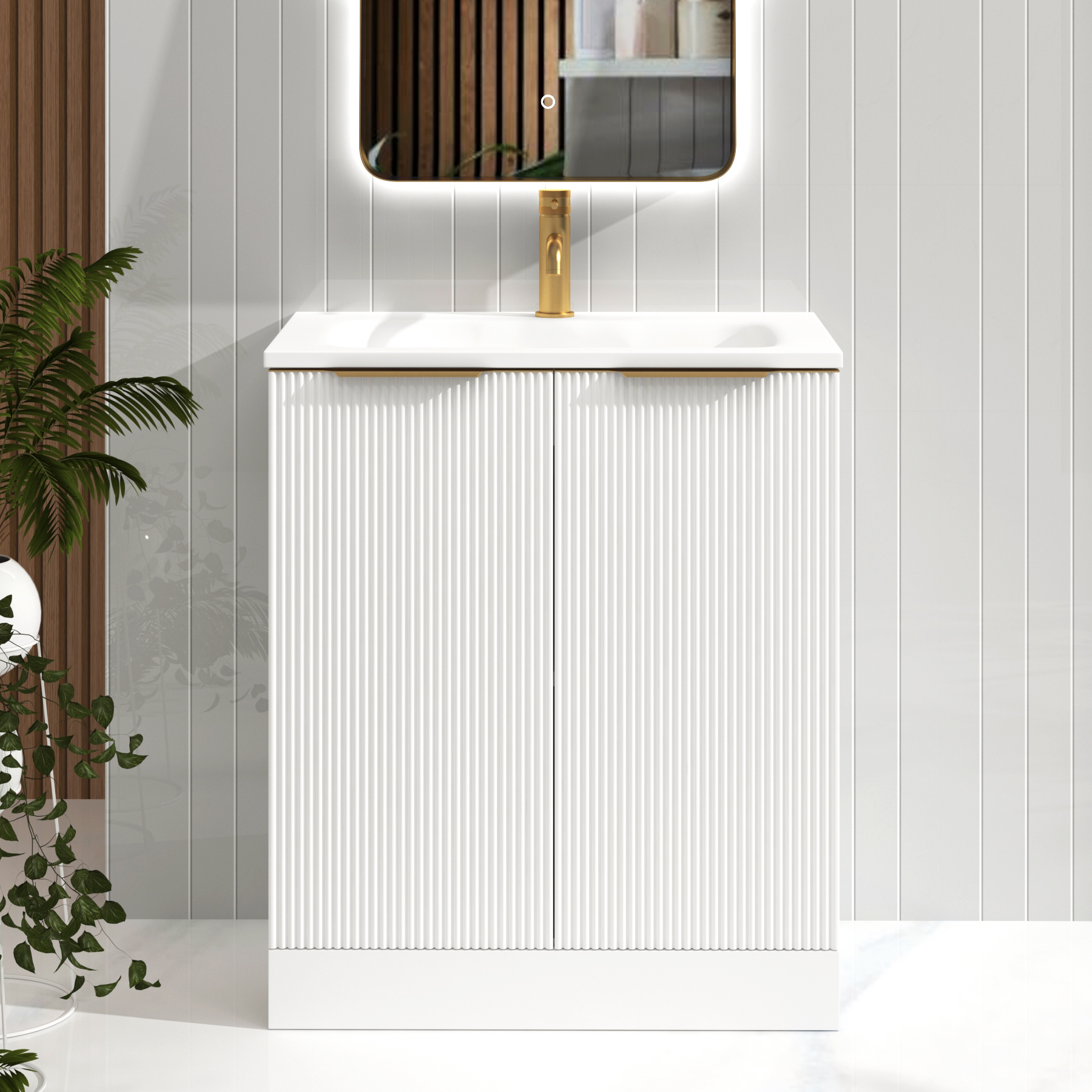 Evora 700mm Matt White Fluted Floor Standing Vanity Unit 2 Door with Matt Stone Basin & Brushed Brass Handles