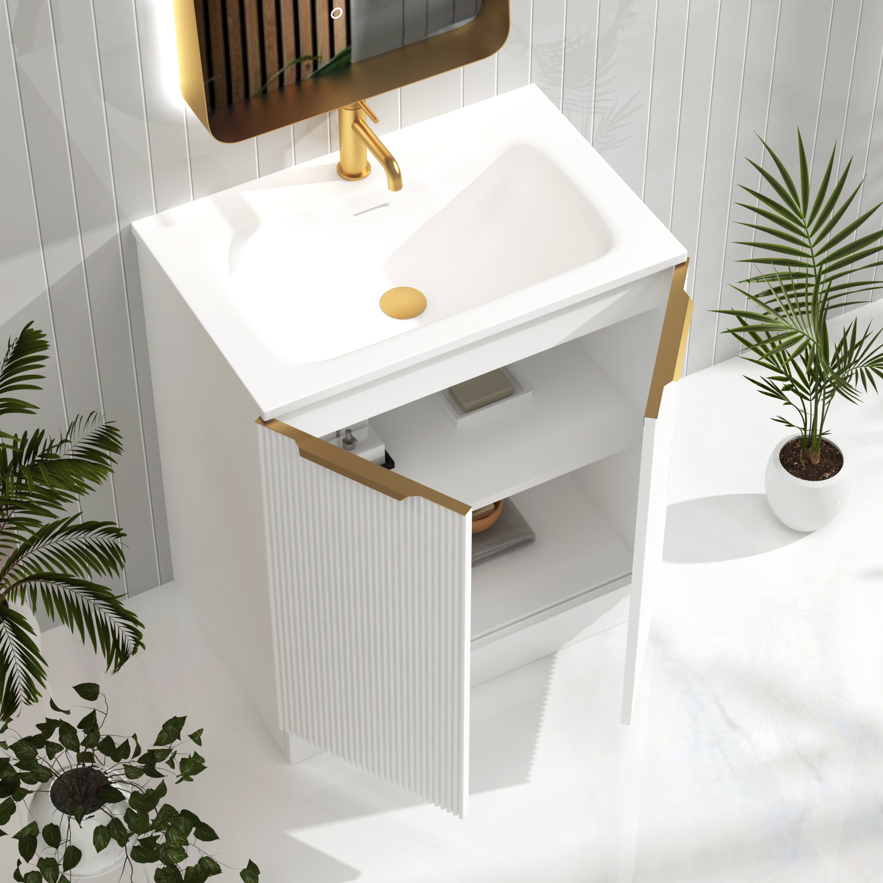 Evora 700mm Matt White Fluted Floor Standing Vanity Unit 2 Door with Matt Stone Basin & Brushed Brass Handles