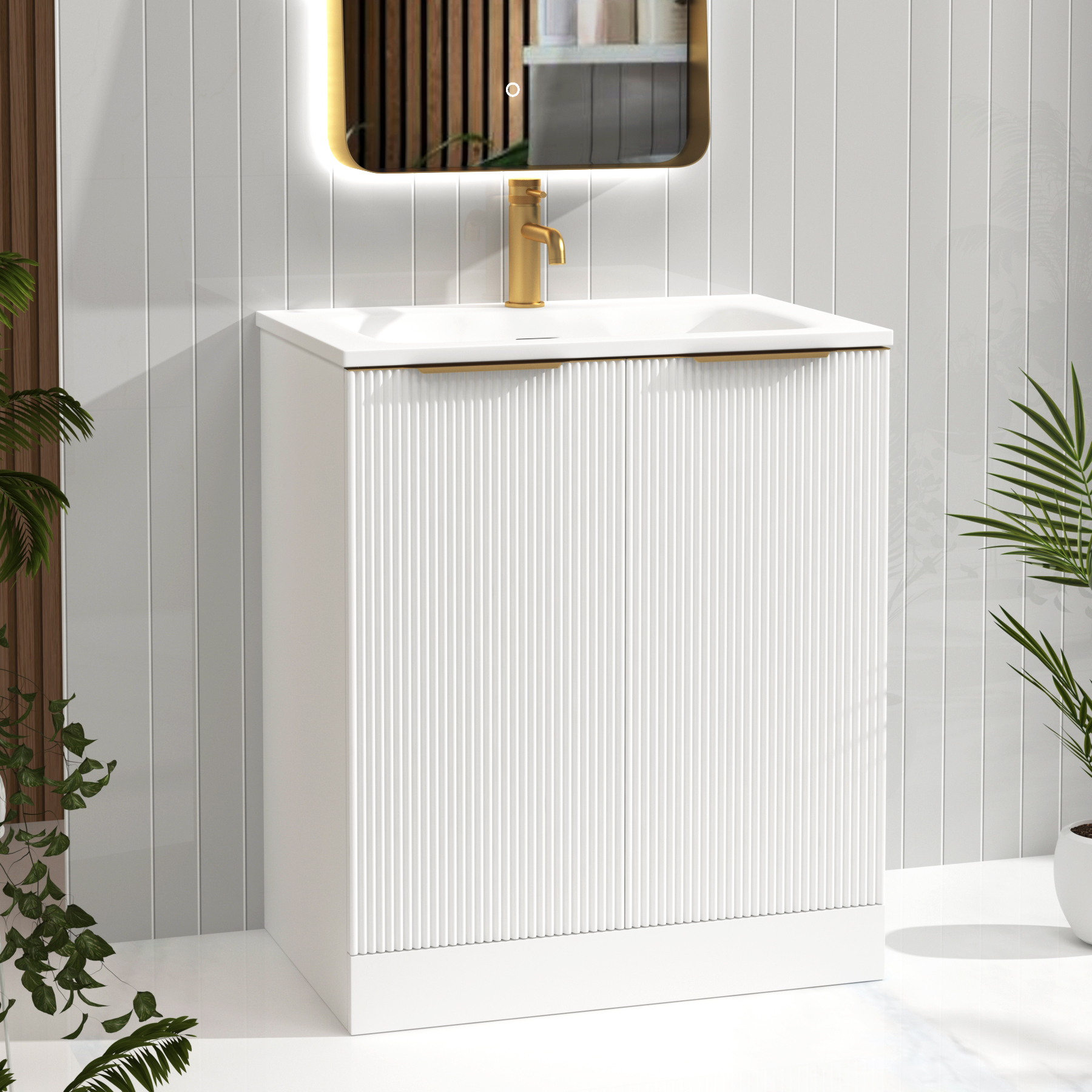 Evora 700mm Matt White Fluted Floor Standing Vanity Unit 2 Door with Matt Stone Basin & Brushed Brass Handles