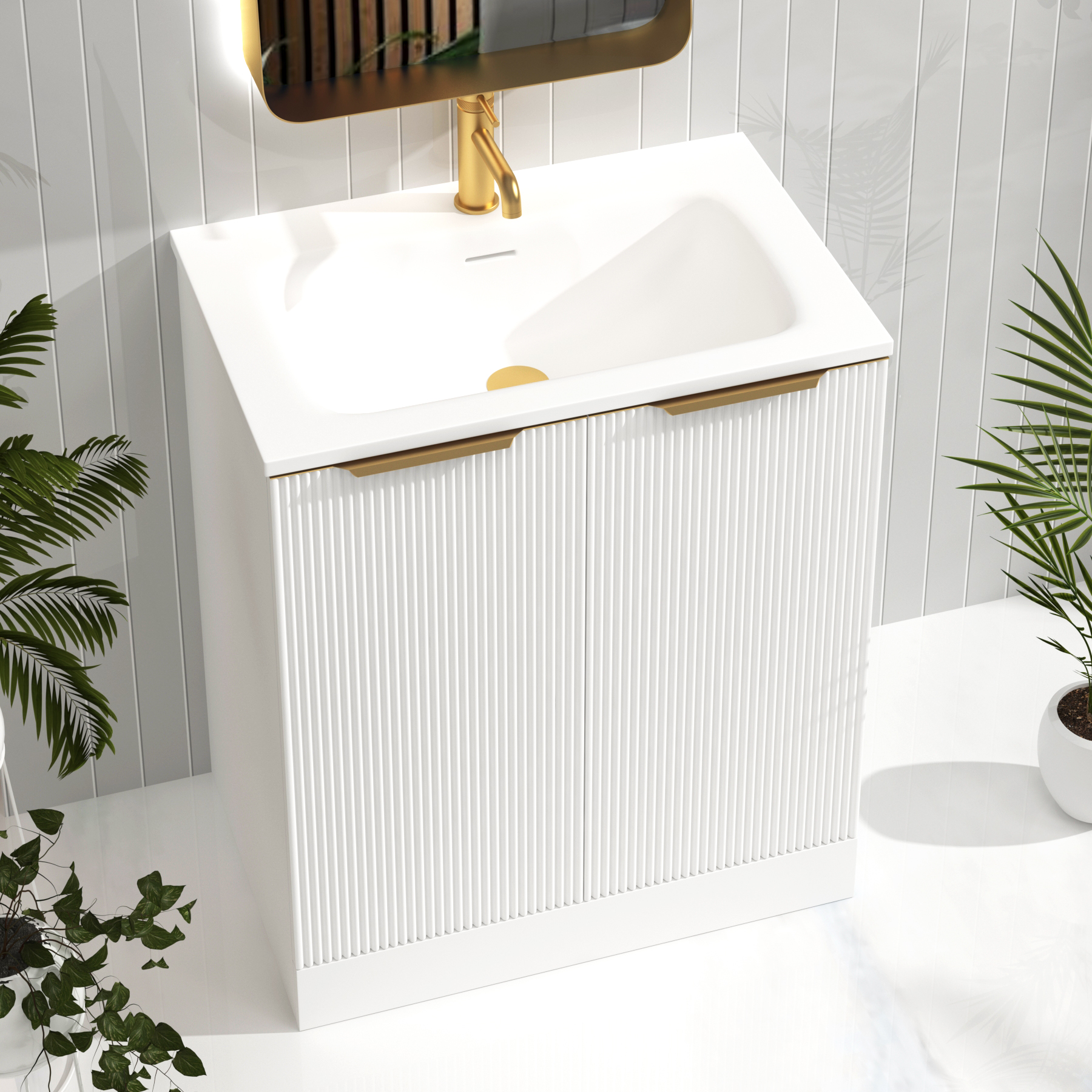 Evora 700mm Matt White Fluted Floor Standing Vanity Unit 2 Door with Matt Stone Basin & Brushed Brass Handles