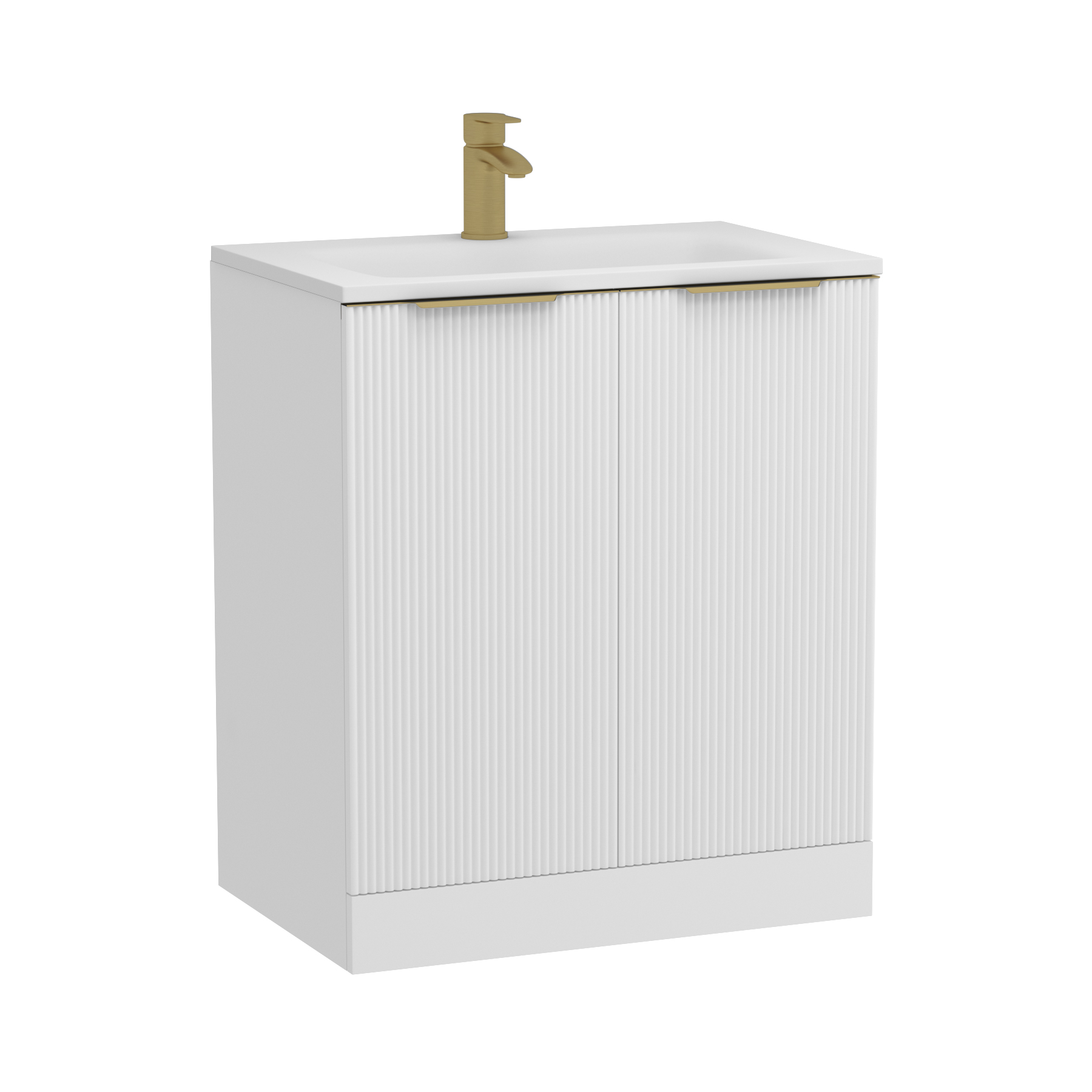 Evora 700mm Matt White Fluted Floor Standing Vanity Unit 2 Door with Matt Stone Basin & Brushed Brass Handles