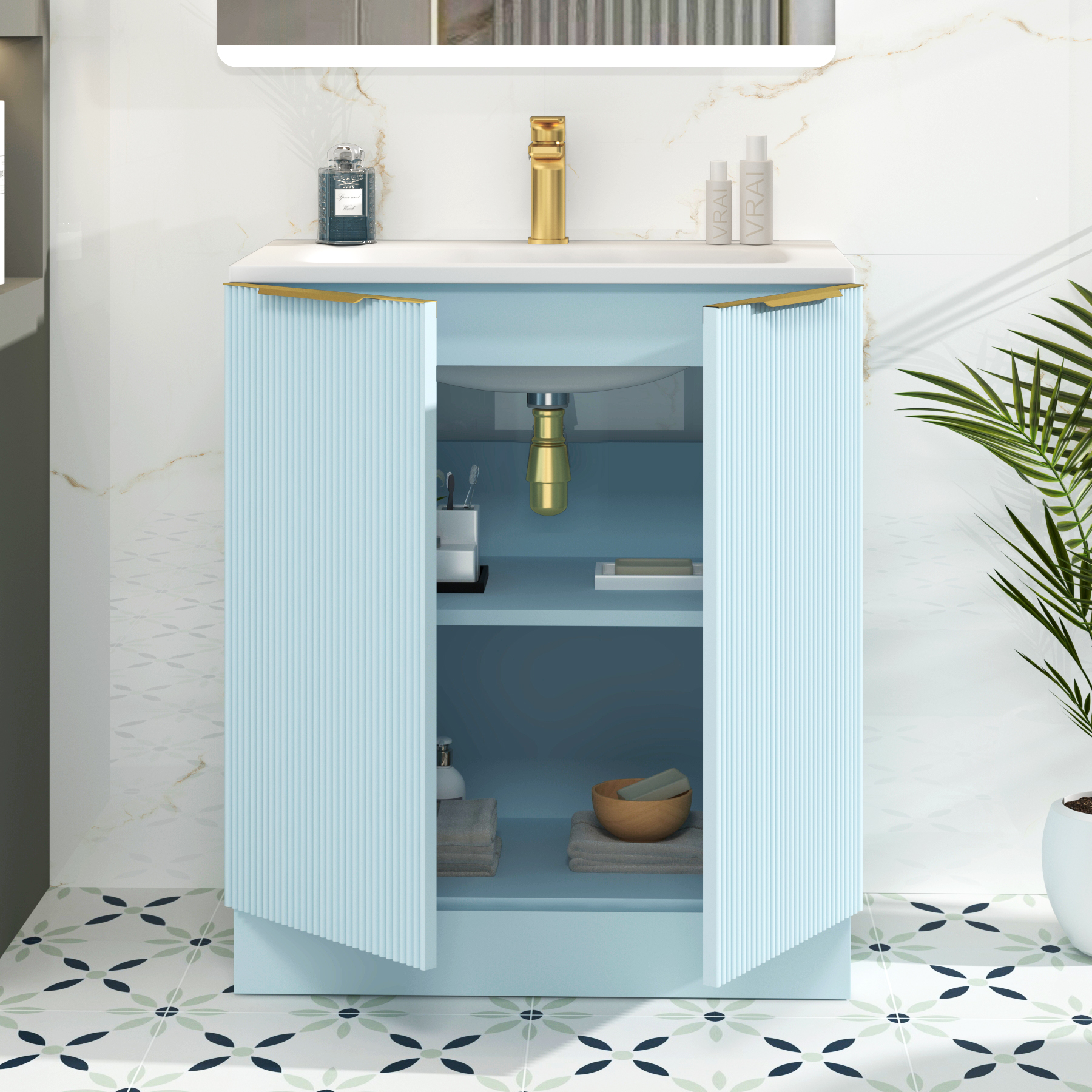 Evora 700mm Powder Blue Fluted Floor Standing Vanity Unit 2 Door with Matt Stone Basin & Brushed Brass Handles
