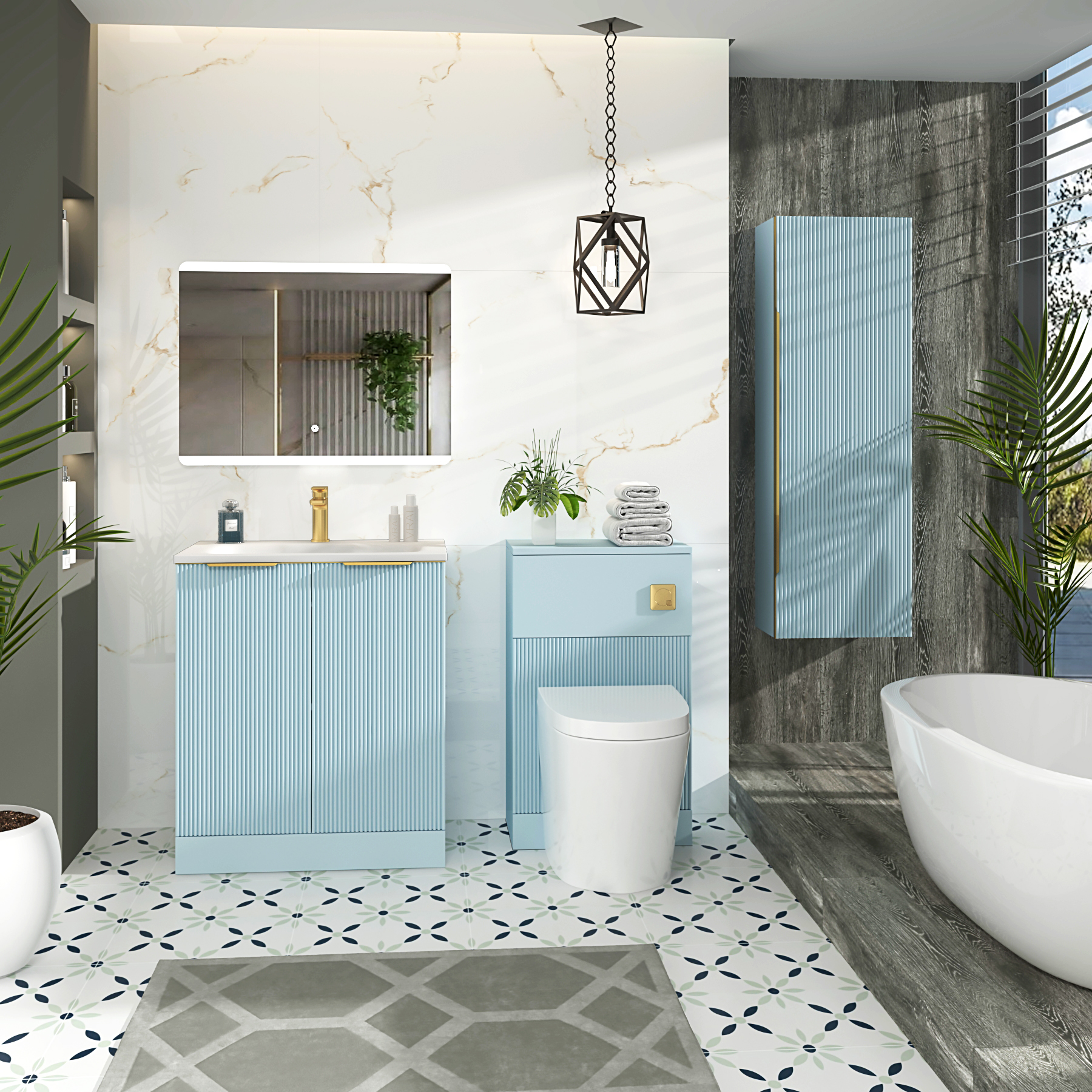 Evora 700mm Powder Blue Fluted Floor Standing Vanity Unit 2 Door with Matt Stone Basin & Brushed Brass Handles
