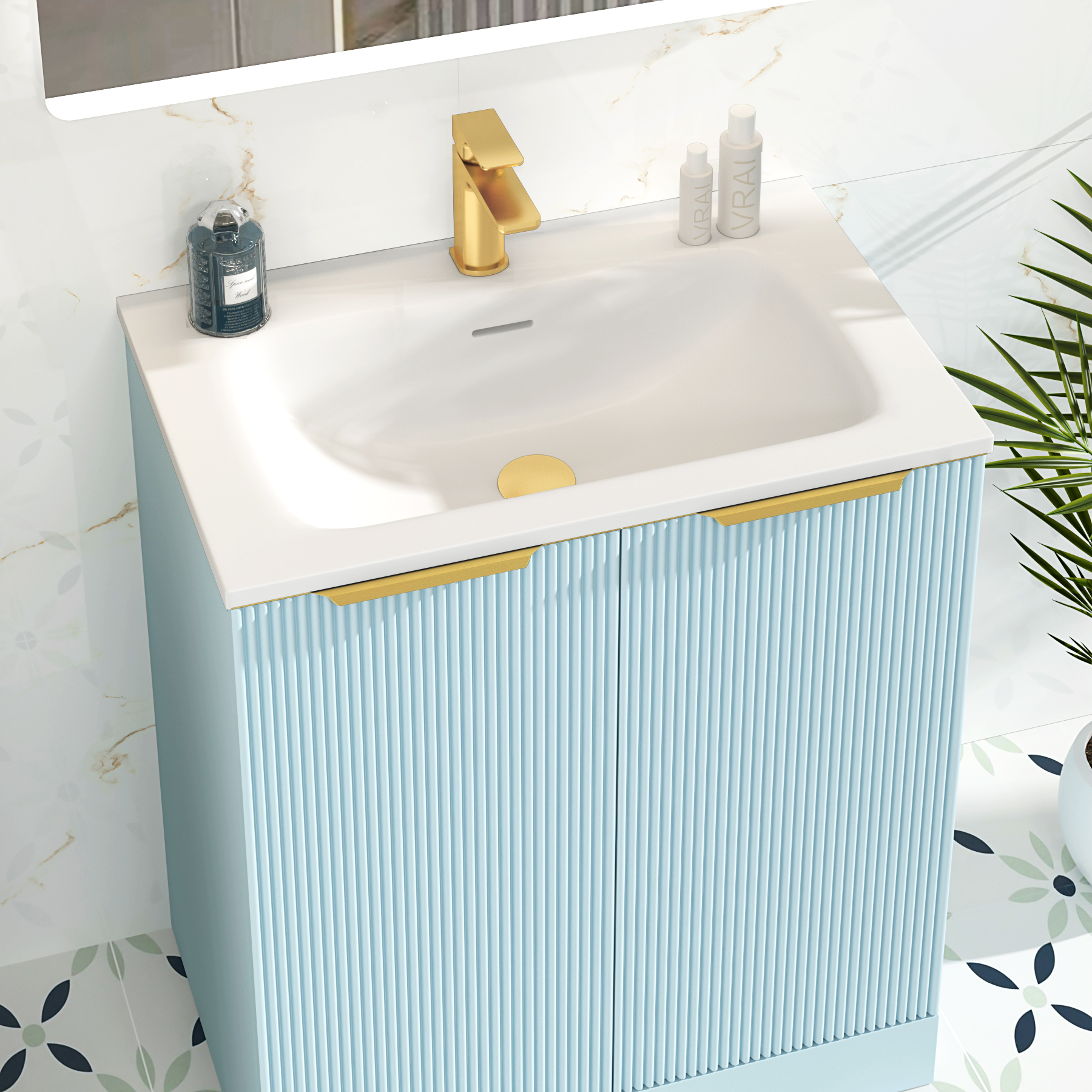 Evora 700mm Powder Blue Fluted Floor Standing Vanity Unit 2 Door with Matt Stone Basin & Brushed Brass Handles