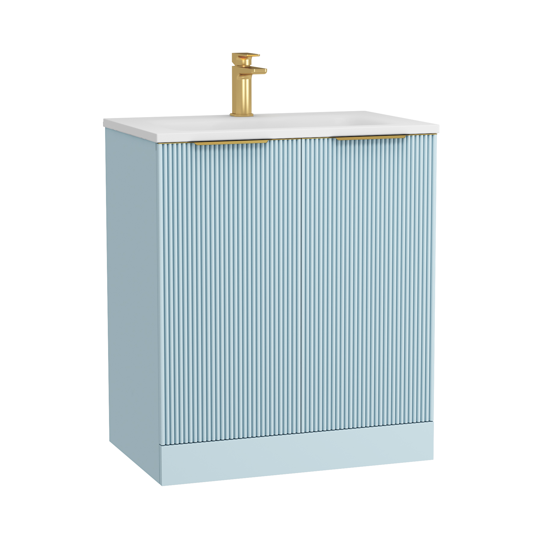 Evora 700mm Powder Blue Fluted Floor Standing Vanity Unit 2 Door with Matt Stone Basin & Brushed Brass Handles