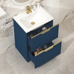 Evora 600mm Satin Blue Fluted Floor Standing Vanity Unit 2 Drawer with Stone Basin & Brushed Brass Handles