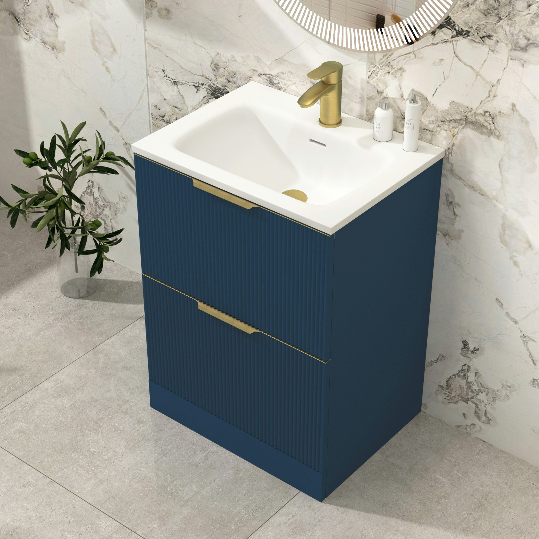 Evora 600mm Satin Blue Fluted Floor Standing Vanity Unit 2 Drawer with Undrilled Stone Basin & Brushed Brass Handles