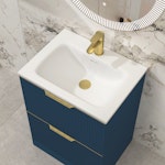 Evora 600mm Satin Blue Fluted Floor Standing Vanity Unit 2 Drawer with Undrilled Stone Basin & Brushed Brass Handles