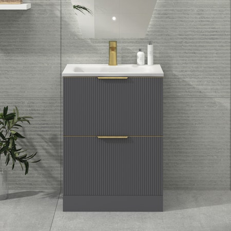 Evora 600mm Satin Grey Fluted Floor Standing Vanity Unit 2 Drawer with Undrilled Stone Basin & Brushed Brass Handles