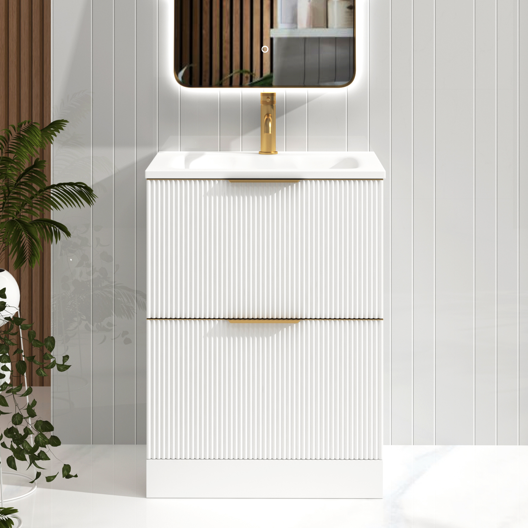 Evora 600mm Matt White Fluted Floor Standing Vanity Unit 2 Drawer with Matt Stone Basin & Brushed Brass Handles