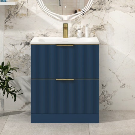 Evora 700mm Satin Blue Fluted Floor Standing Vanity Unit 2 Drawer with Stone Basin & Brushed Brass Handles