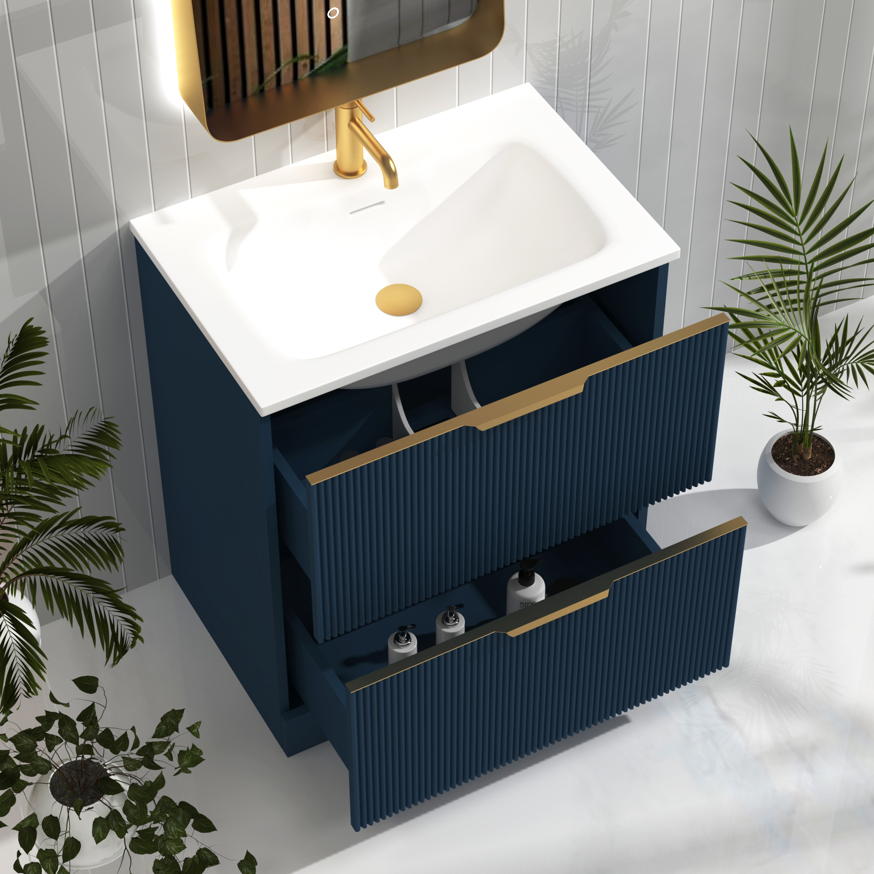 Evora 700mm Midnight Blue Fluted Floor Standing Vanity Unit 2 Drawer with Matt Stone Basin & Brushed Brass Handles