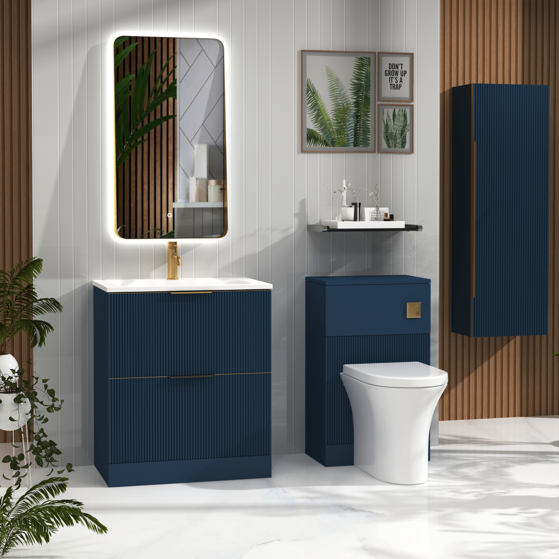 Evora 700mm Midnight Blue Fluted Floor Standing Vanity Unit 2 Drawer with Matt Stone Basin & Brushed Brass Handles