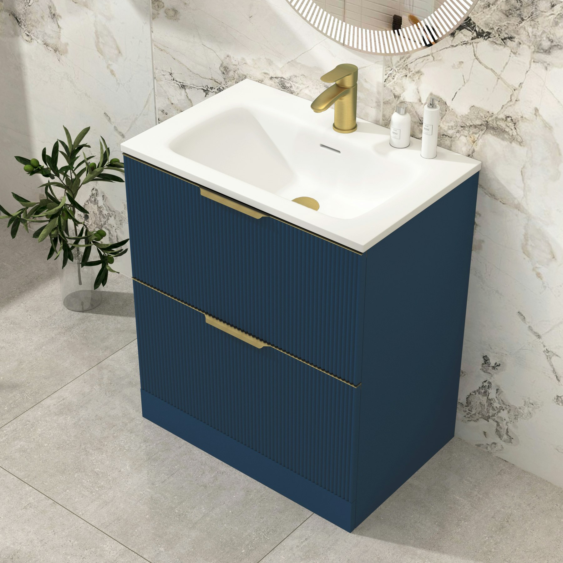 Evora 700mm Satin Blue Fluted Floor Standing Vanity Unit 2 Drawer with Undrilled Stone Basin & Brushed Brass Handles