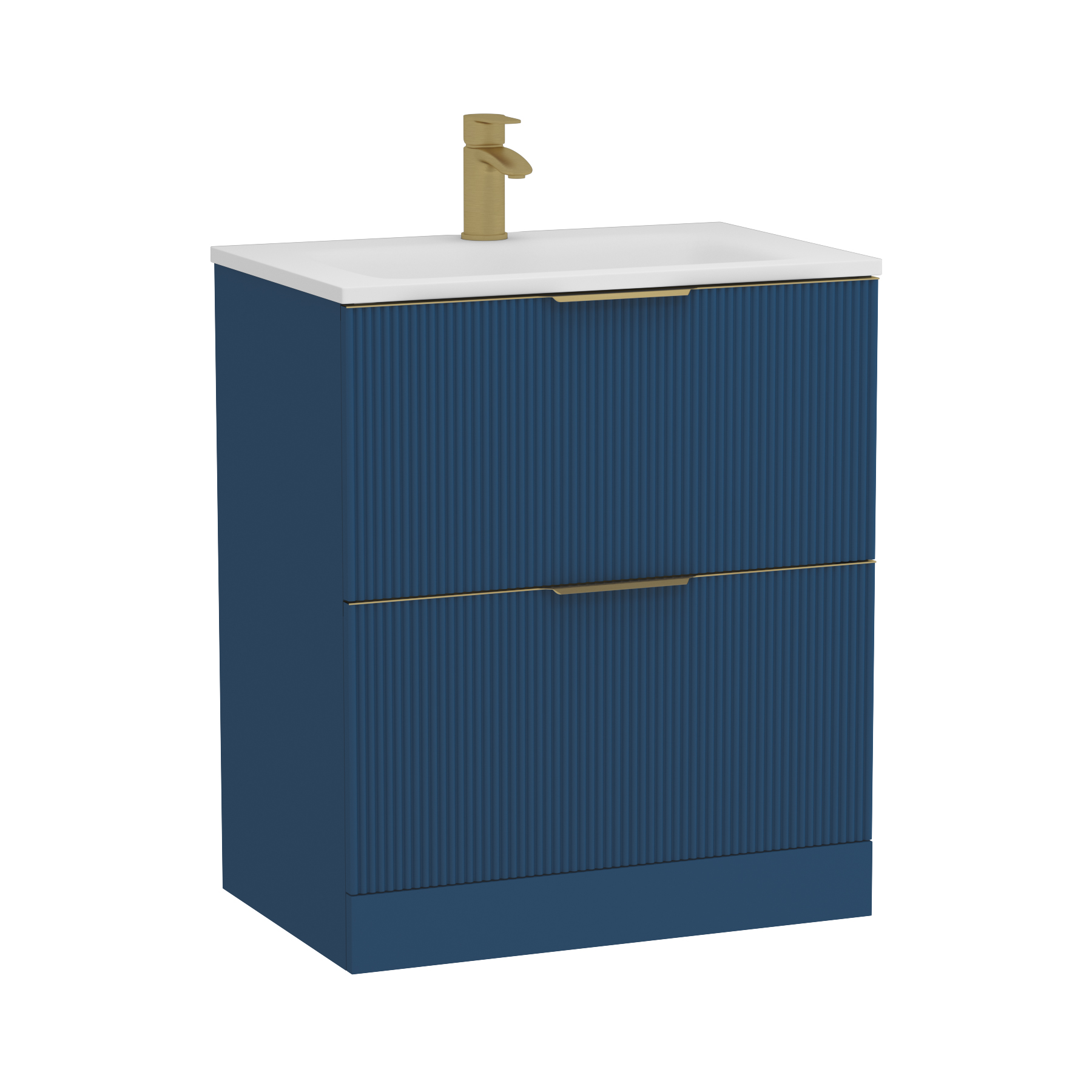Evora 700mm Midnight Blue Fluted Floor Standing Vanity Unit 2 Drawer with Matt Stone Basin & Brushed Brass Handles