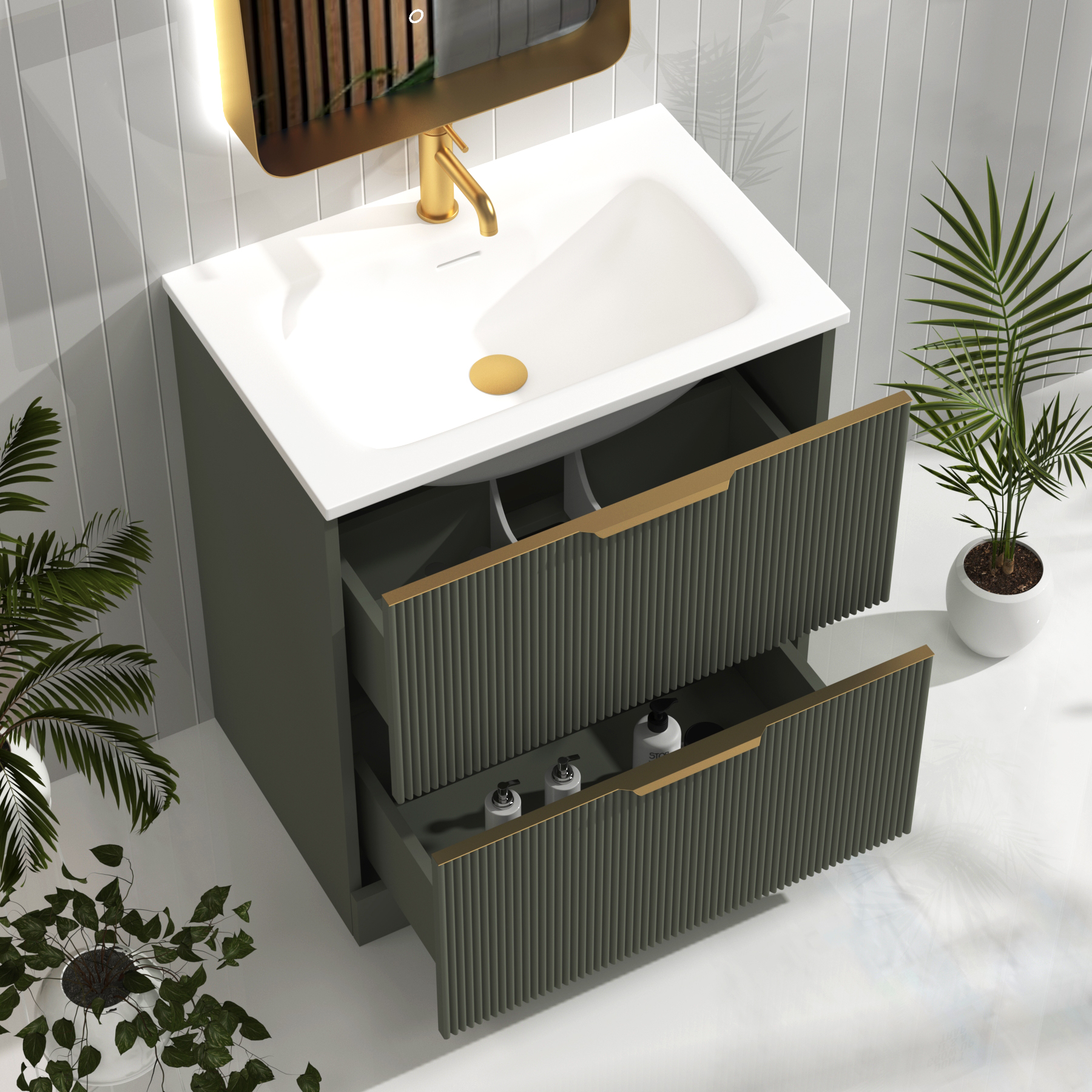 Evora 700mm Sage Green Fluted Floor Standing Vanity Unit 2 Drawer with Matt Stone Basin & Brushed Brass Handles