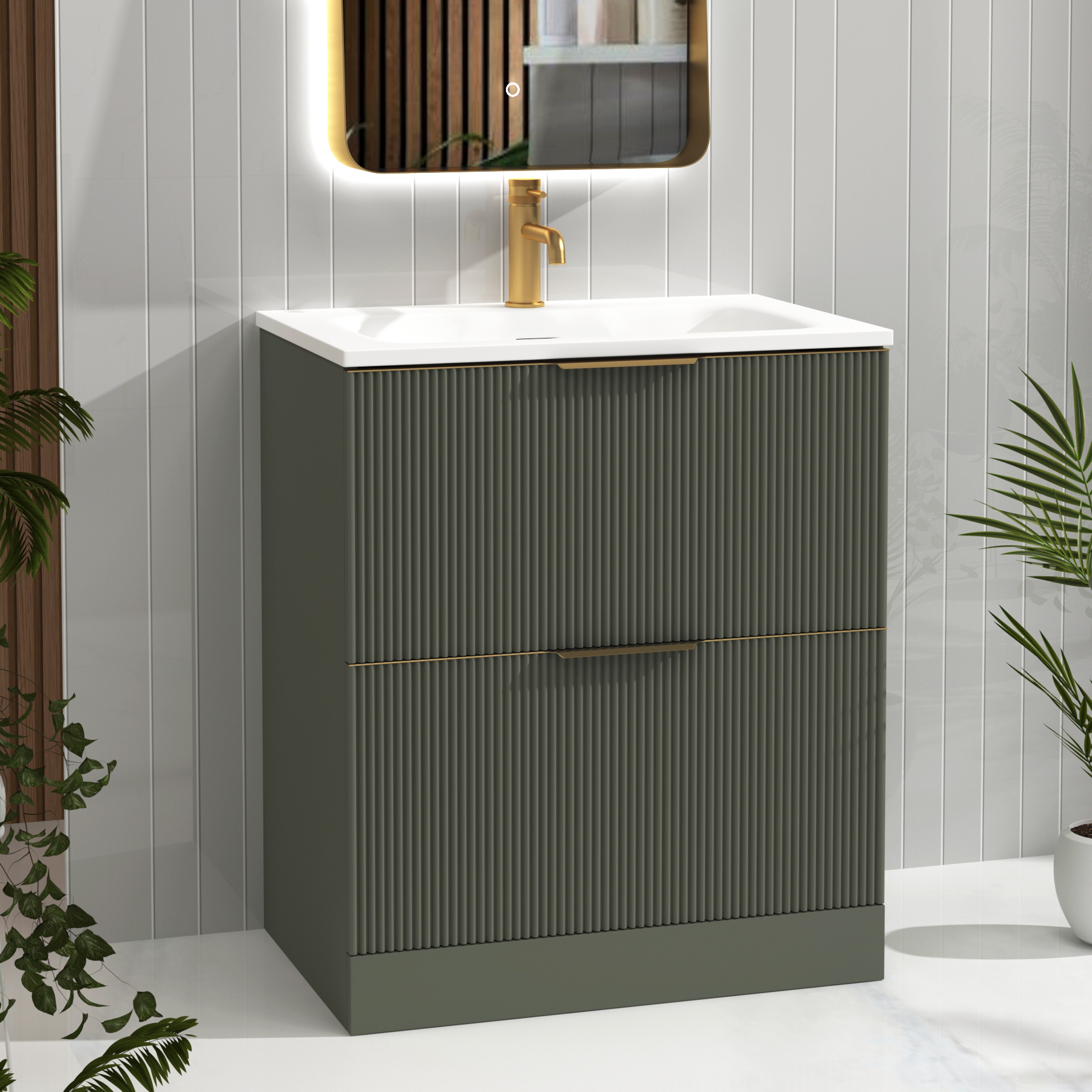 Evora 700mm Sage Green Fluted Floor Standing Vanity Unit 2 Drawer with Matt Stone Basin & Brushed Brass Handles