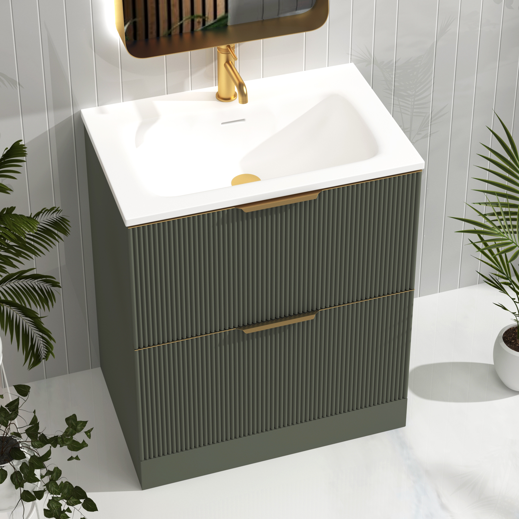 Evora 700mm Sage Green Fluted Floor Standing Vanity Unit 2 Drawer with Matt Stone Basin & Brushed Brass Handles