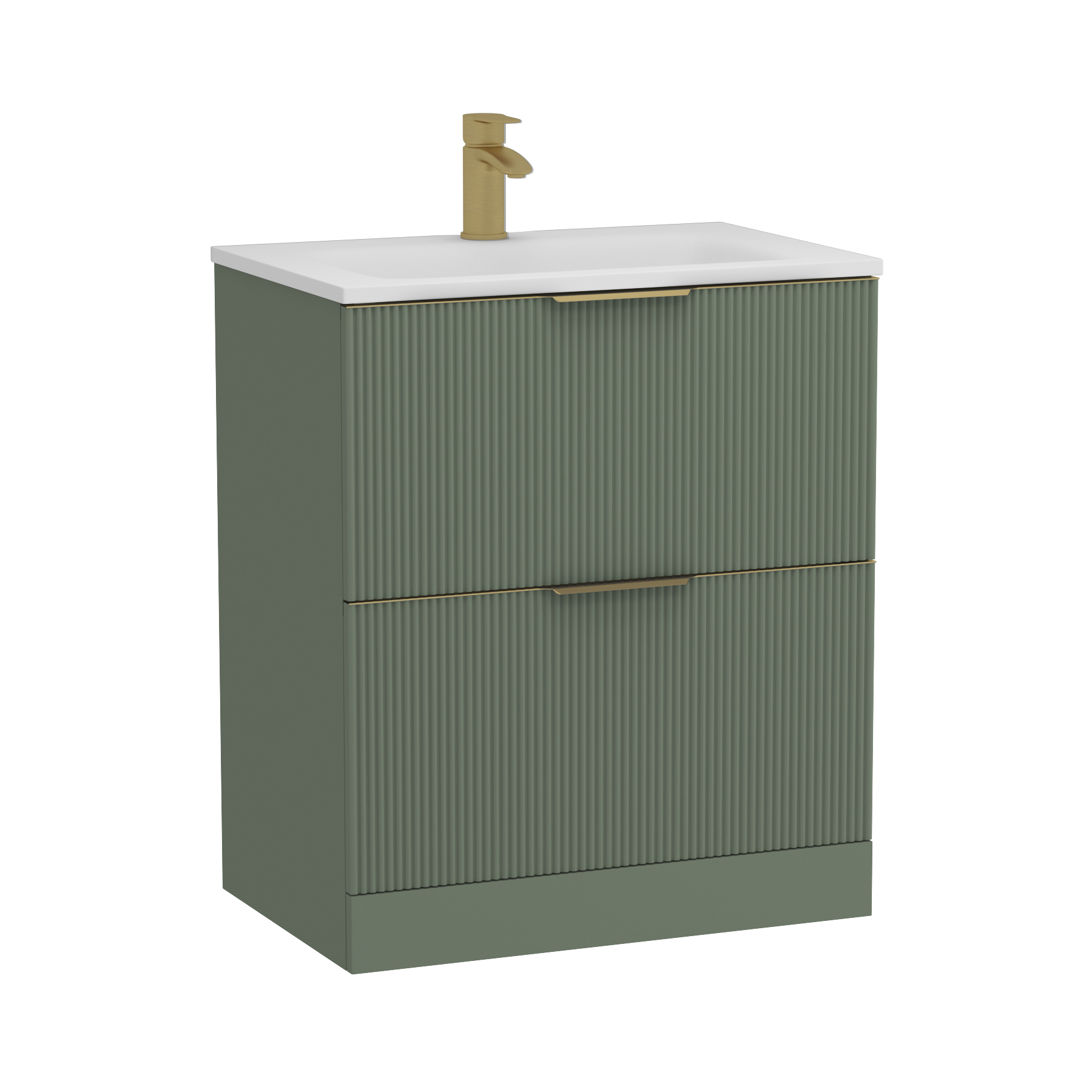 Evora 700mm Sage Green Fluted Floor Standing Vanity Unit 2 Drawer with Matt Stone Basin & Brushed Brass Handles