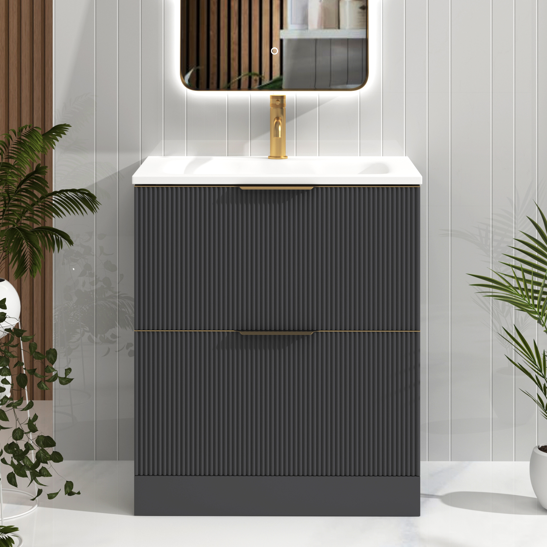 Evora 700mm Graphite Grey Fluted Floor Standing Vanity Unit 2 Drawer with Matt Stone Basin & Brushed Brass Handles